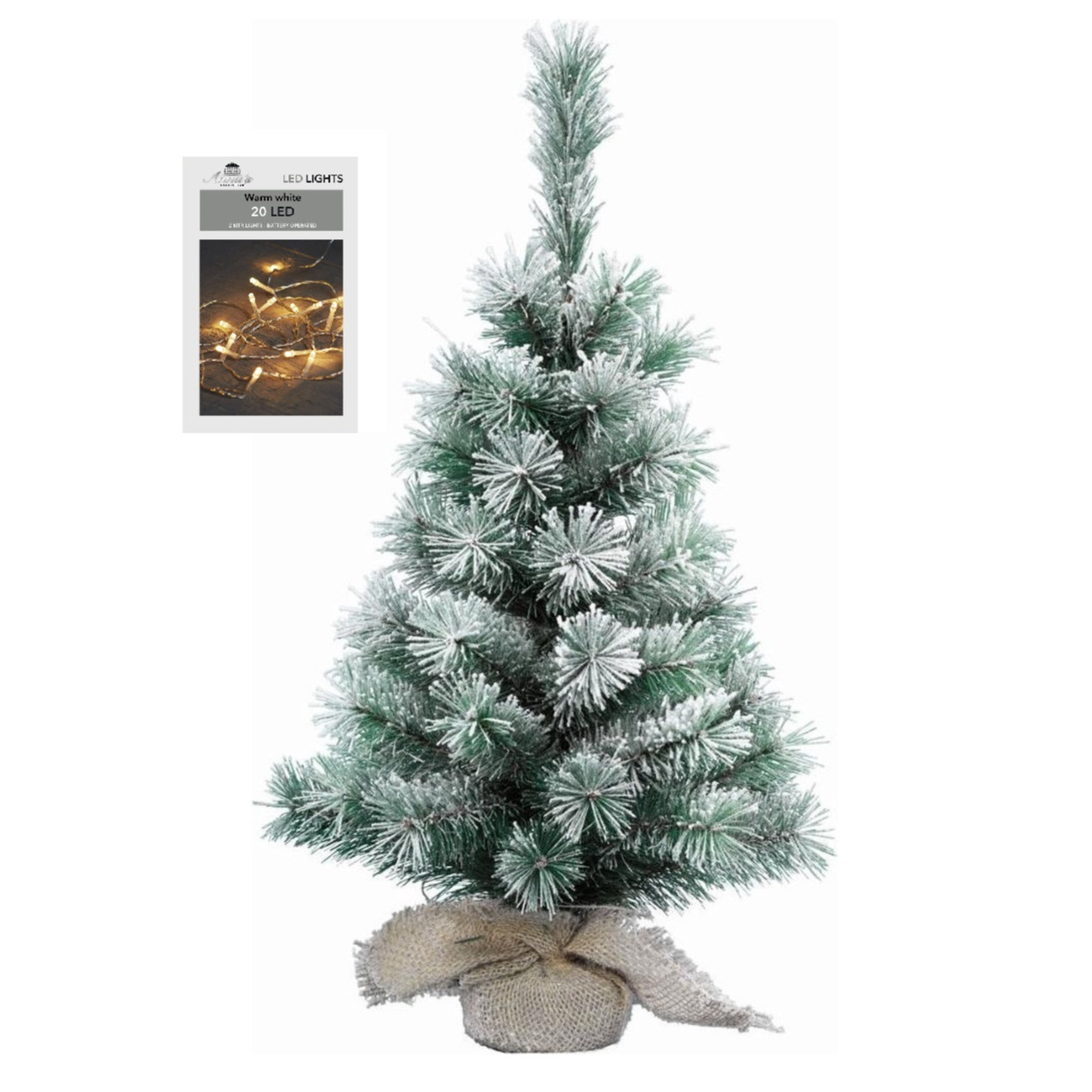 Kunst kerstboom met sneeuw 35 cm in jute zak inclusief 20 warm witte lampjes