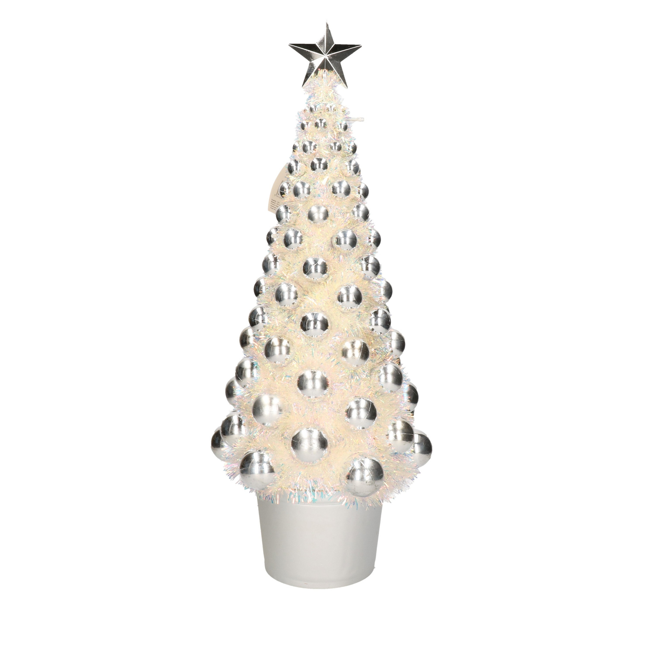 Kunst Kerstboompje met balletjes en verichting op batterijen zilver grijs 60 cm