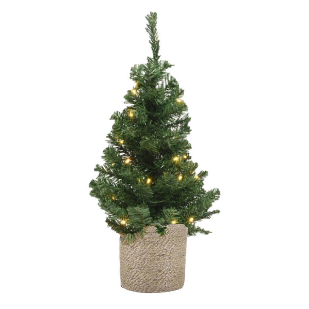 Kunstboom-kunst kerstboom groen 60 cm met verlichting en naturel jute pot