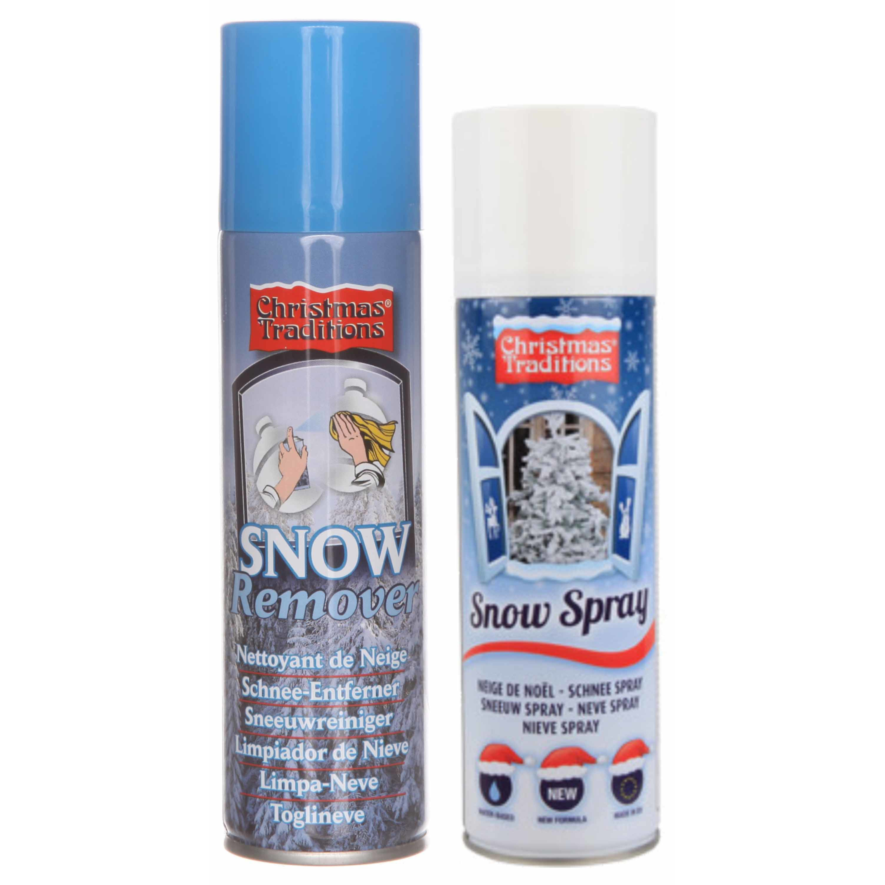 Kunstsneeuw spray set 1x sneeuw spuitbus 600 ml en 1x verwijderaar spuitbus 125 ml