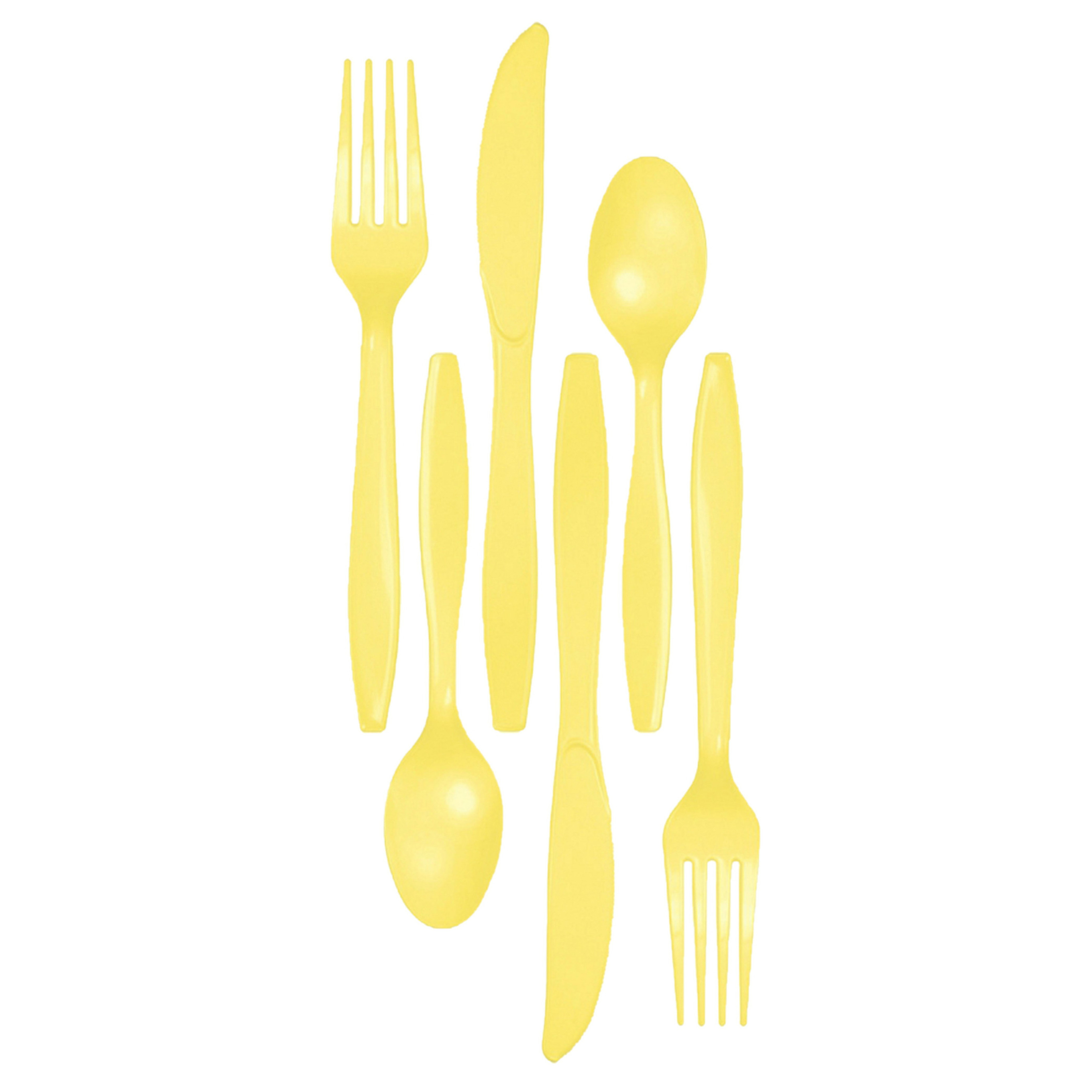 Kunststof bestek party-bbq setje 48x delig geel messen-vorken-lepels herbruikbaar