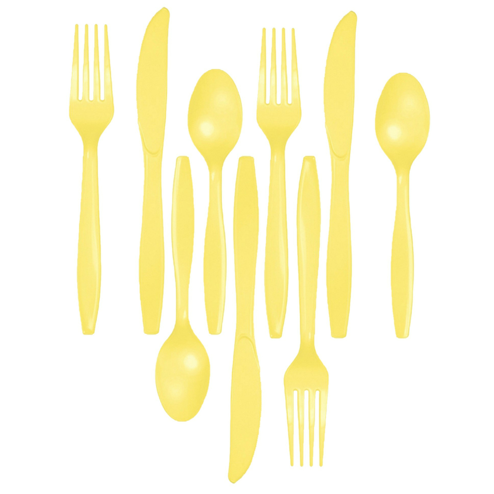 Kunststof bestek party-bbq setje 72x delig geel messen-vorken-lepels herbruikbaar