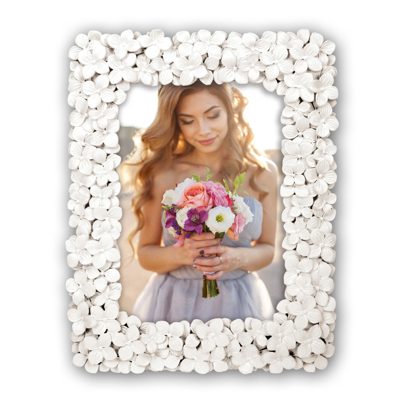 Kunststof fotolijst witte bloemen geschikt voor een foto van 15 x 20 cm