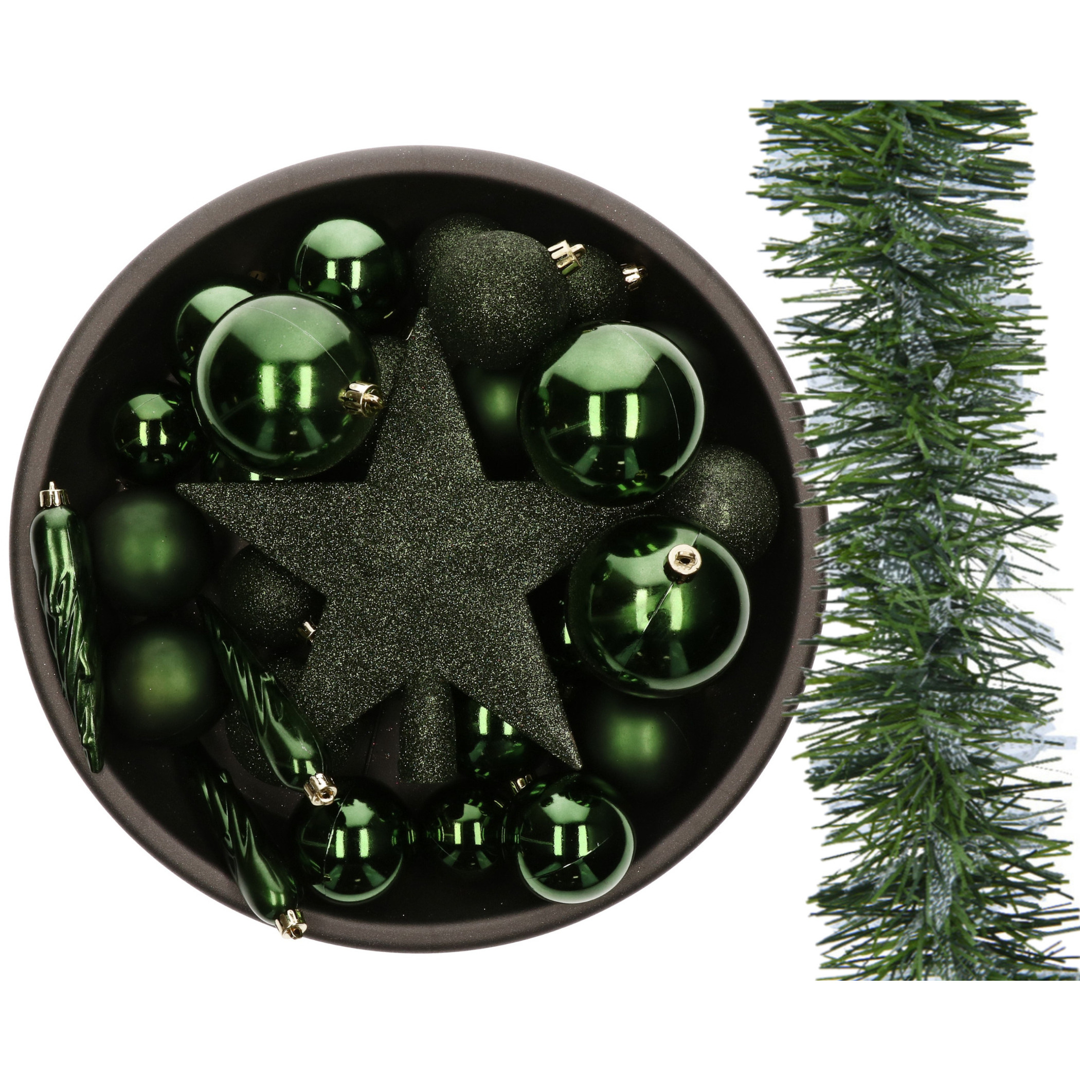 Kunststof kerstballen 33x st- met slinger en ster piek -donkergroen
