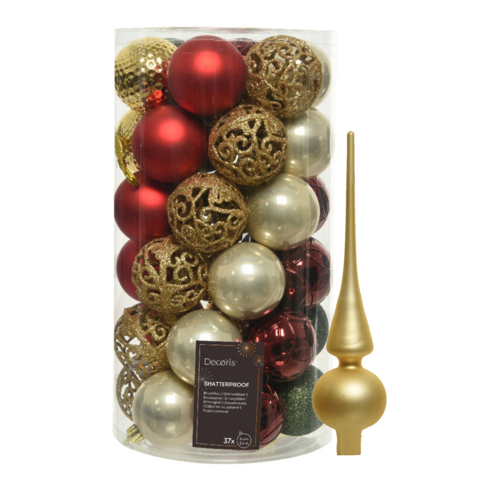 Kunststof kerstballen 37x- rood-goud-parel-groen 6cm -en glazen piek