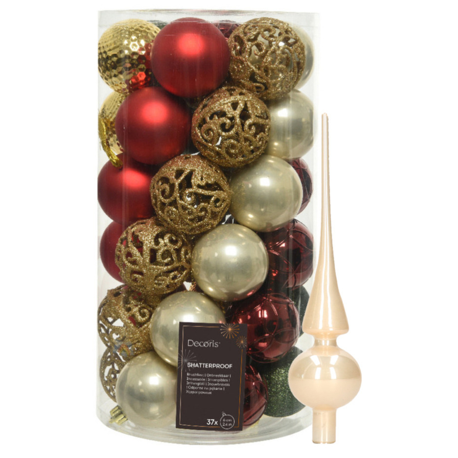 Kunststof kerstballen 37x- rood-goud-parel-groen 6cm -en glazen piek