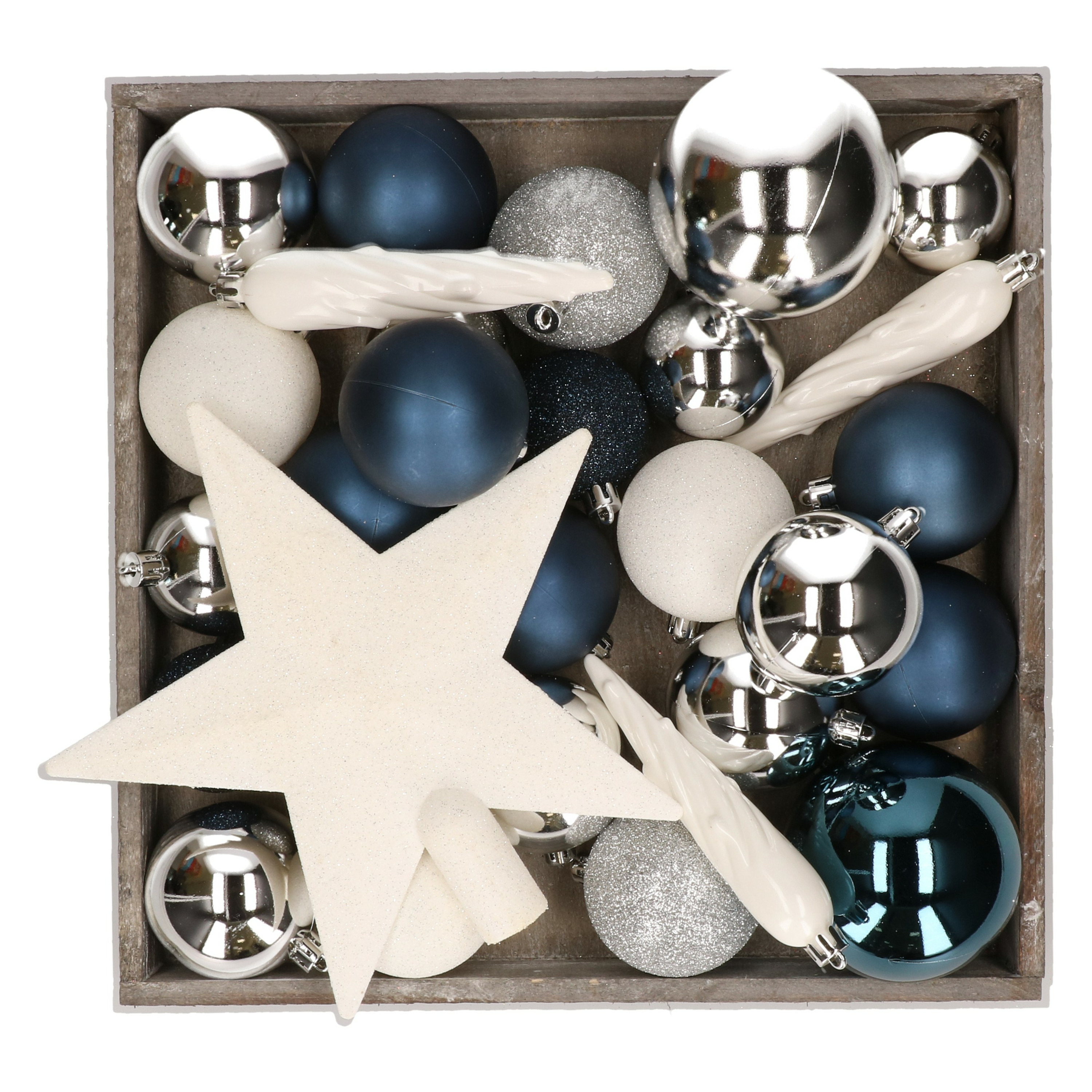Kunststof kerstballen 45x stuks met ster piek blauw,wit,zilver