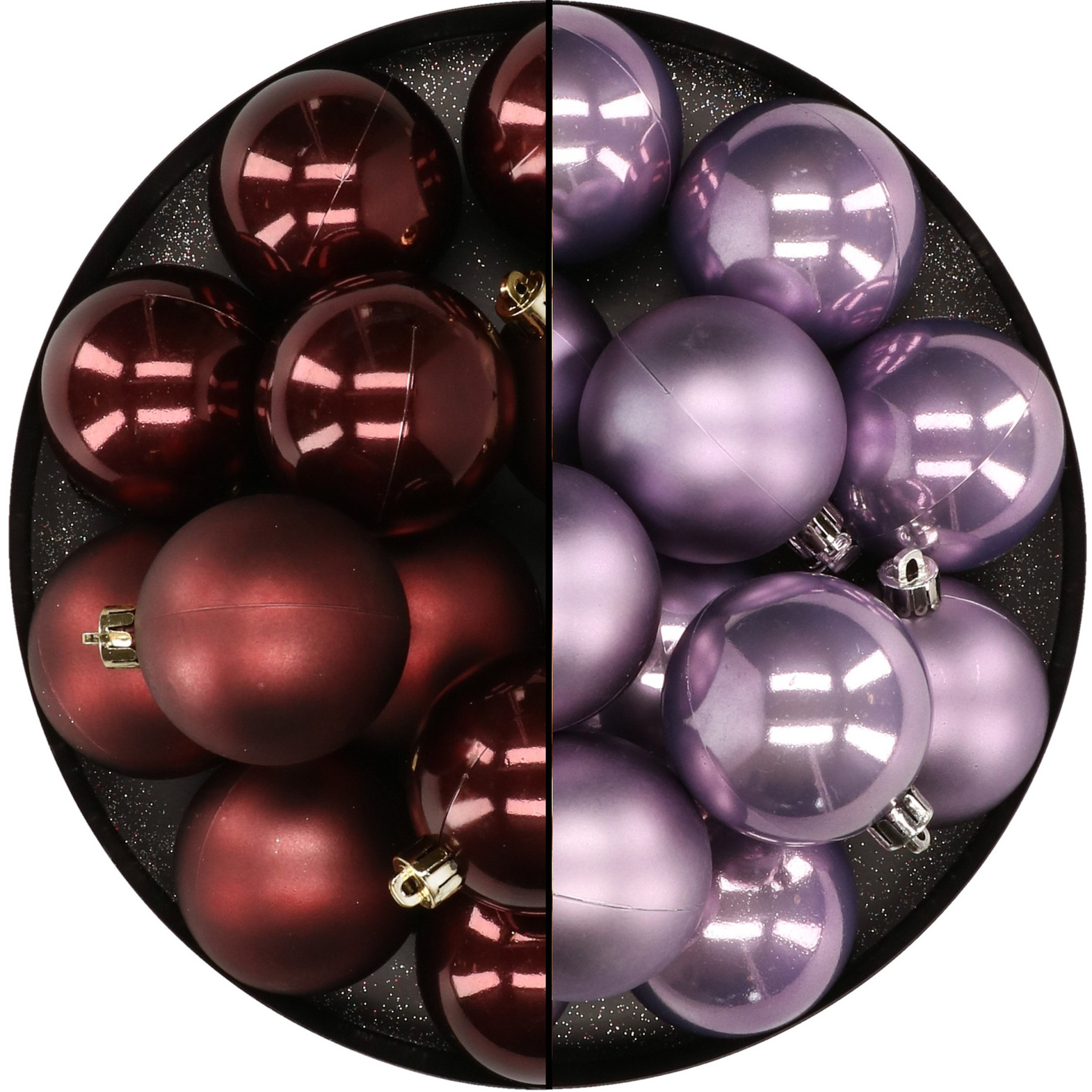 Kunststof kerstballen 6 cm 24x stuks bruin en lila paars