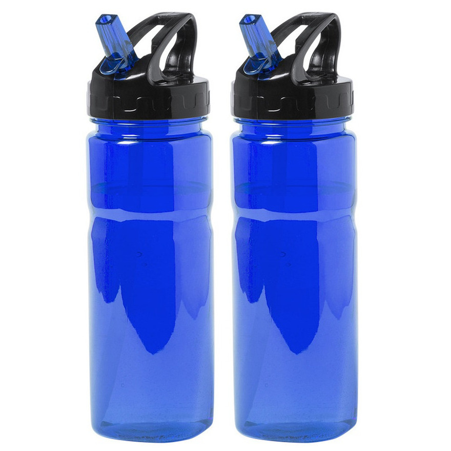 Kunststof waterfles-drinkfles-sportfles 2x blauw met drinktuit 650 ml