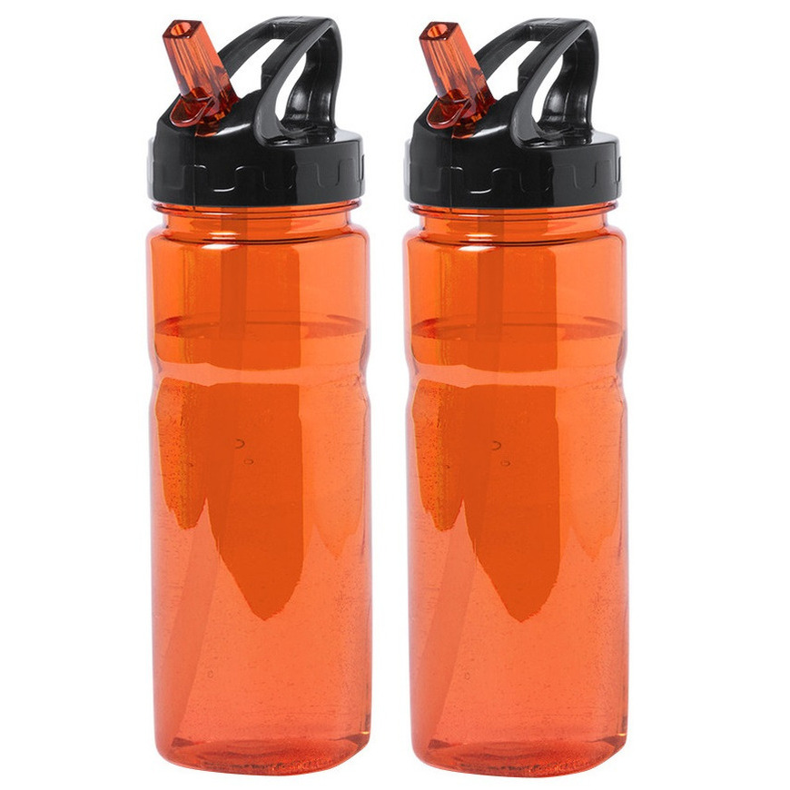 Kunststof waterfles-drinkfles-sportfles 2x oranje met drinktuit 650 ml