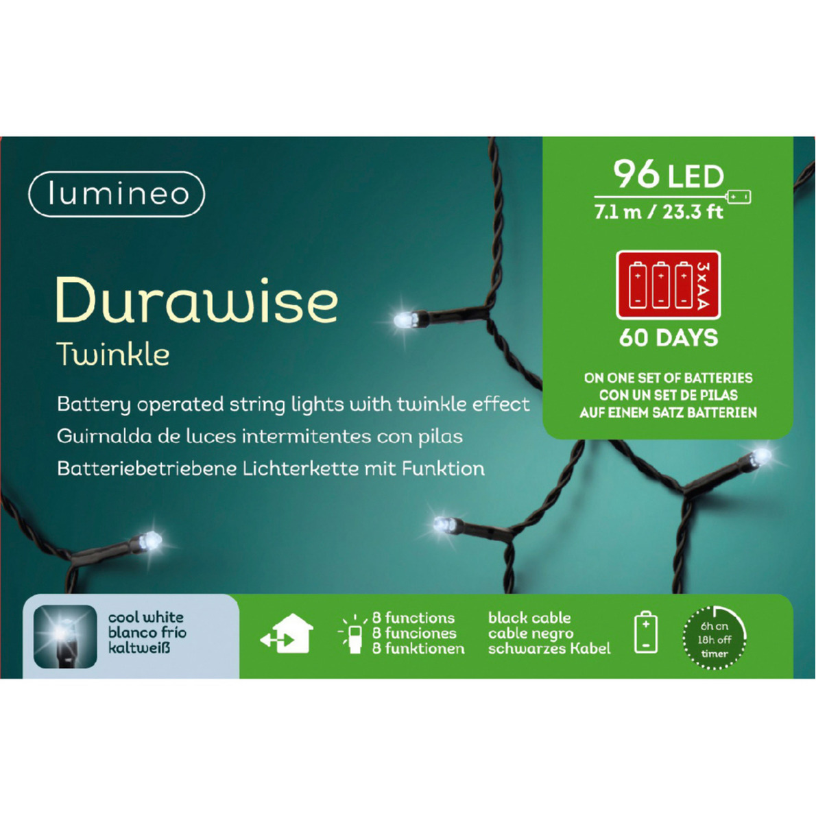 LED Durawise twinkle buitenverlichting op batterij helder wit 96 lampjes