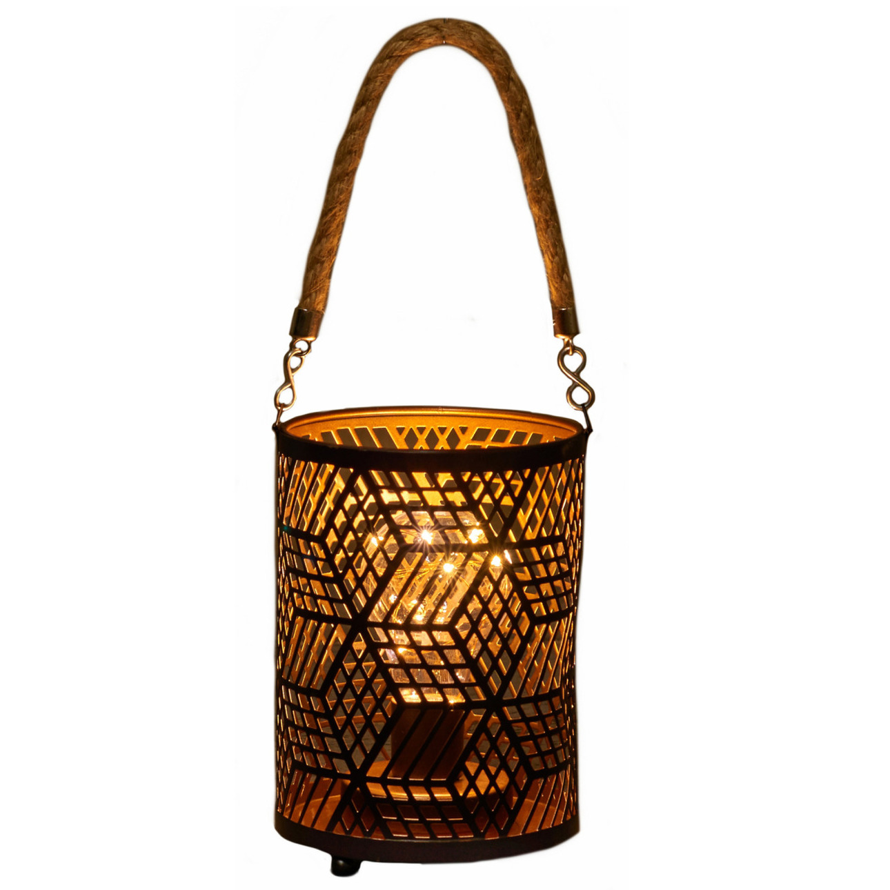 LED sfeer lantaarn-lamp zwart-goud met timer B12 x H16 cm