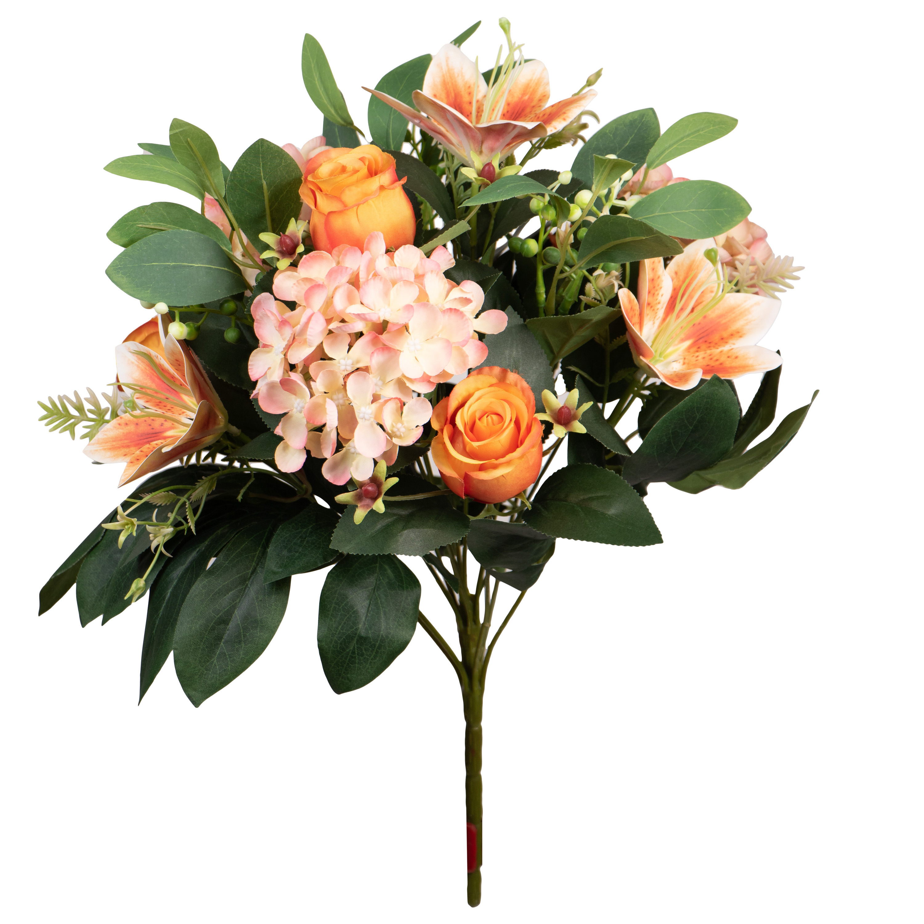 Louis Maes Kunstbloemen boeket roos-hortensia-lelie oranje-zalm H39 cm Bloemstuk Bladgroen