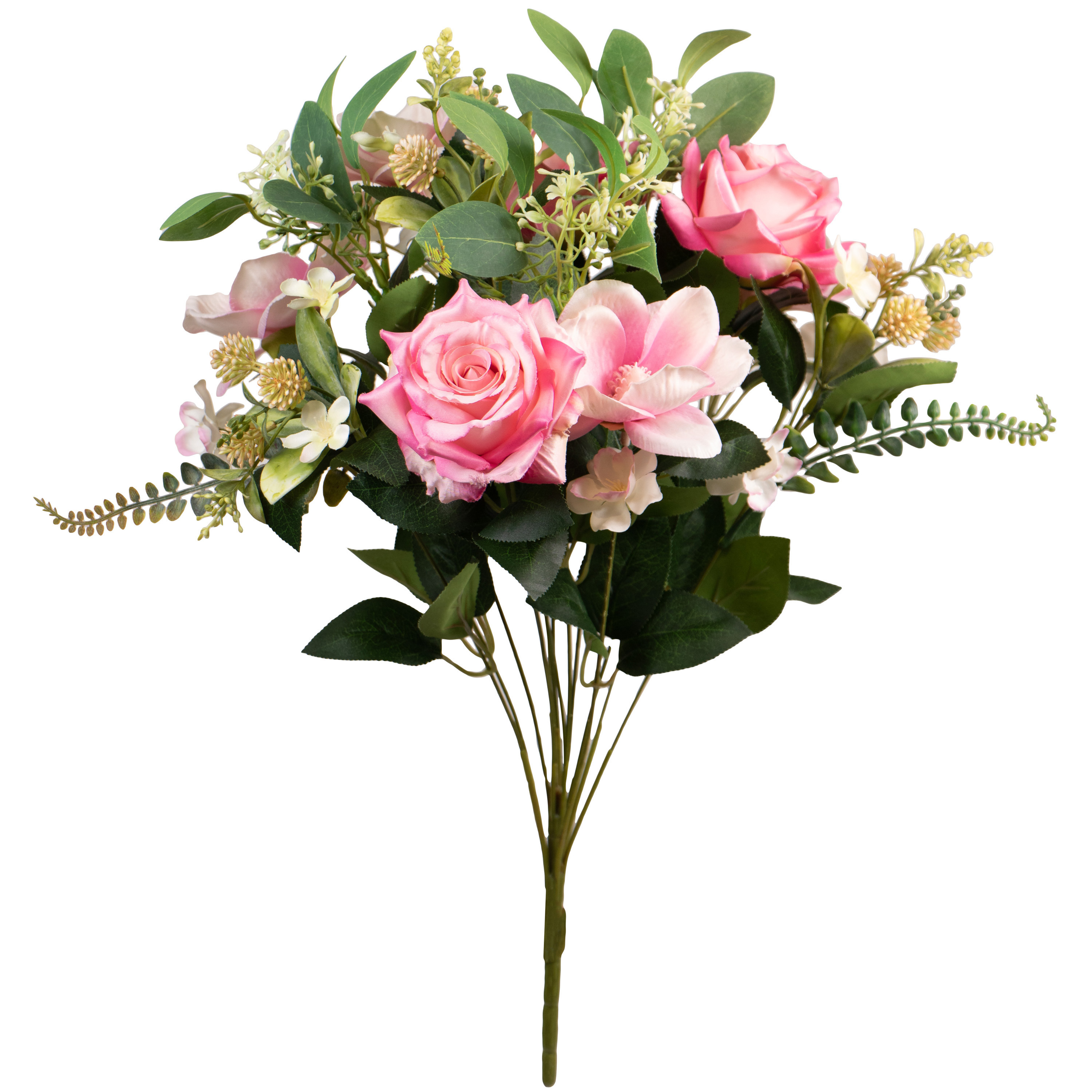 Louis Maes Kunstbloemen boeket rozen-magnolia met bladgroen roze H50 cm Bloemstuk