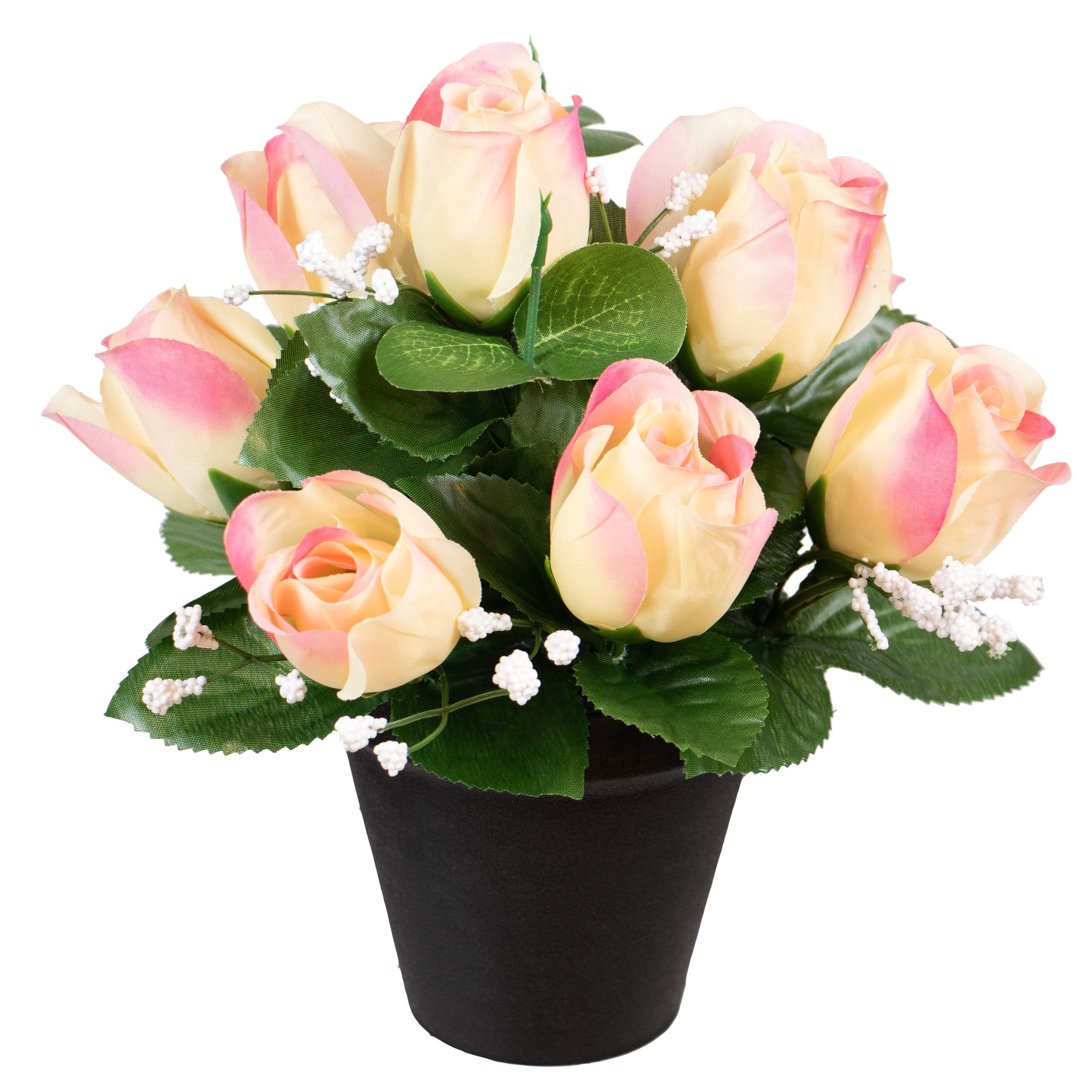 Louis Maes Kunstbloemen klein boeketje rozen in pot creme-lichtroze H25 cm Bloemstuk Bladgroen