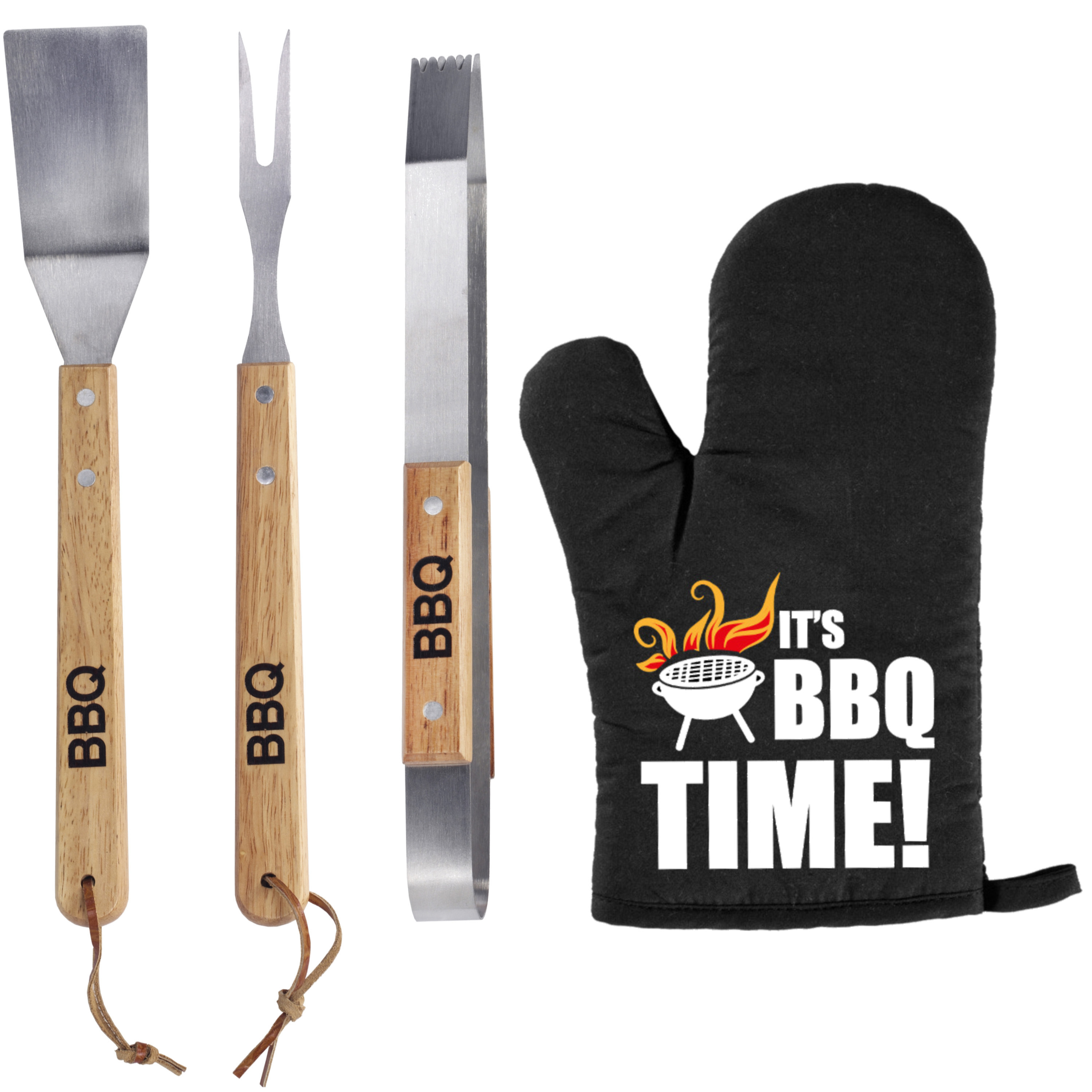 Luxe barbecue gereedschap set met houten handgrepen 3-delig RVS met BBQ handschoen It's BBQ Time!