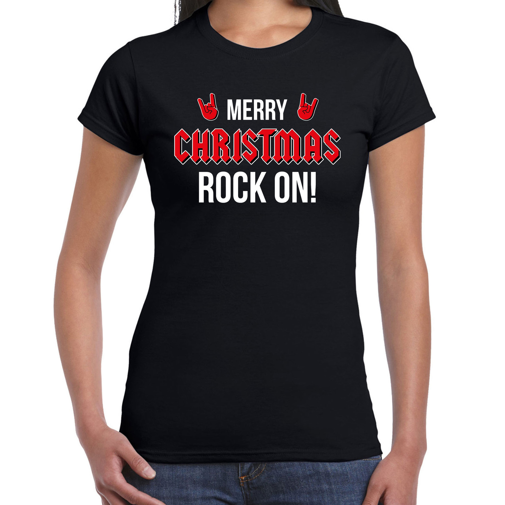 Merry Christmas rock on Kerst t-shirt zwart voor dames