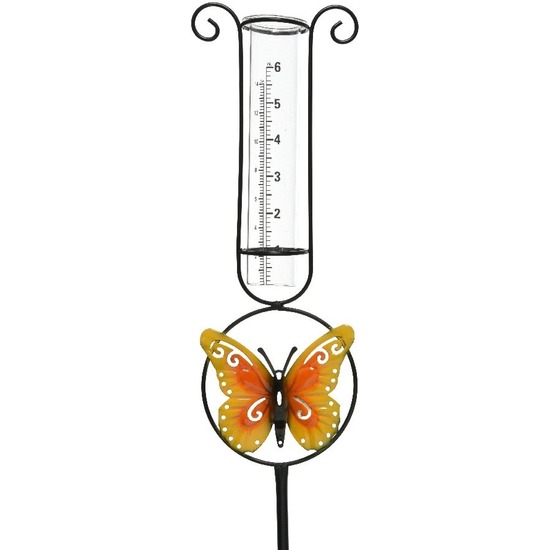 Metalen regenmeter tuindecoratie 33 cm metaal-glas met vlinder