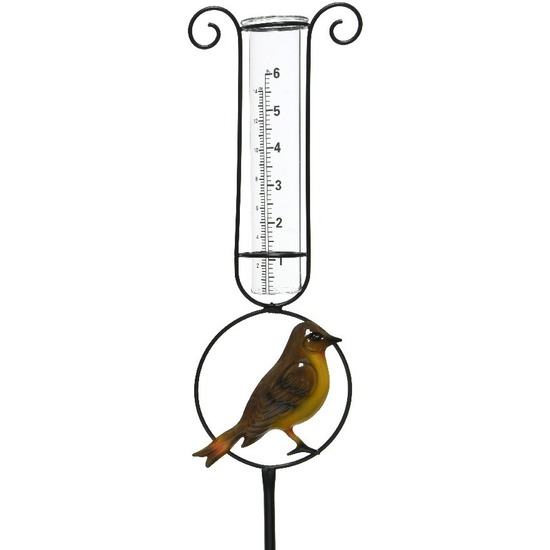 Metalen regenmeter tuindecoratie 33 cm metaal-glas met vogel