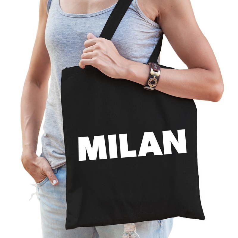 Milaan schoudertas zwart katoen met Milan bedrukking