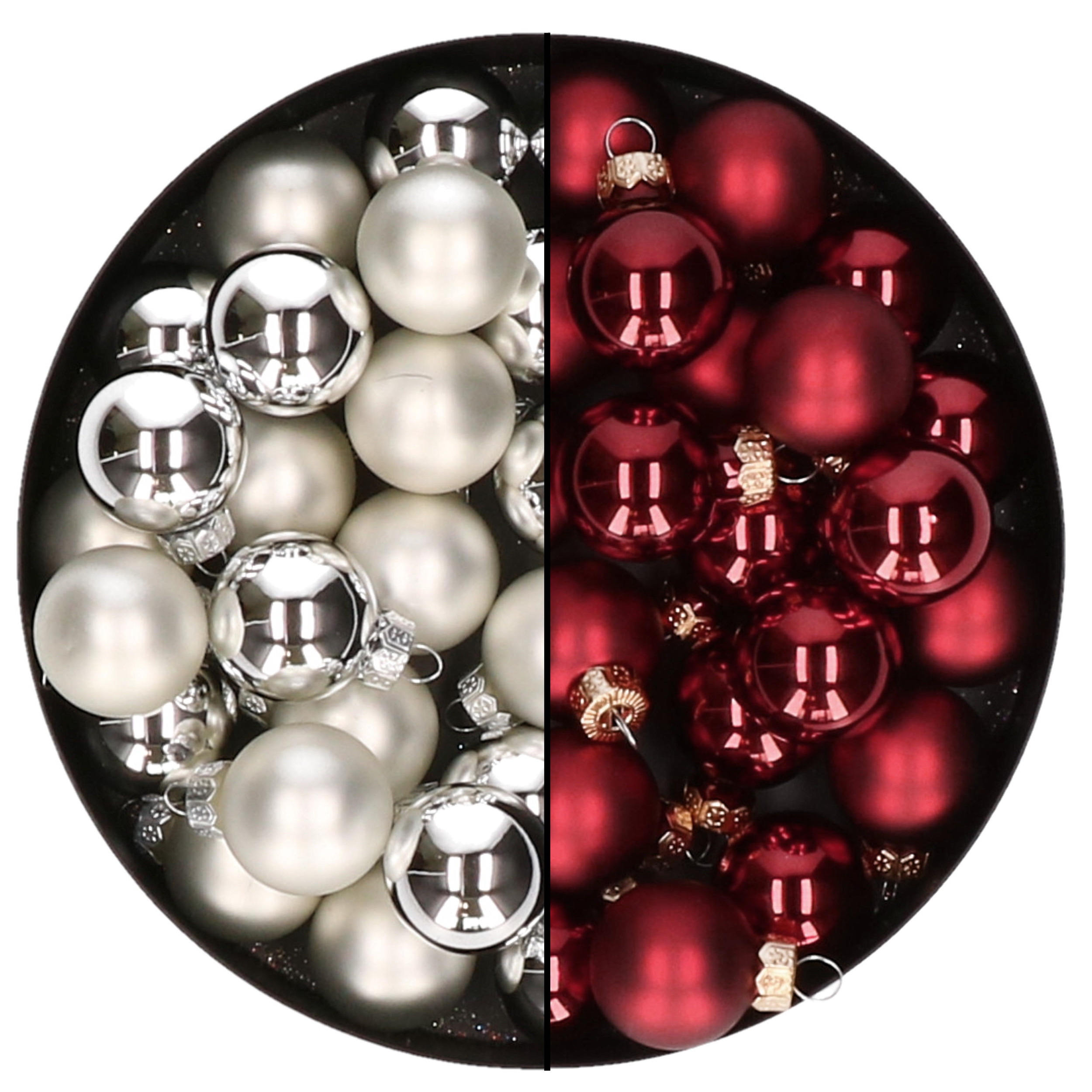 Mini kerstballen 48x st zilver en donkerrood 2,5 cm glas