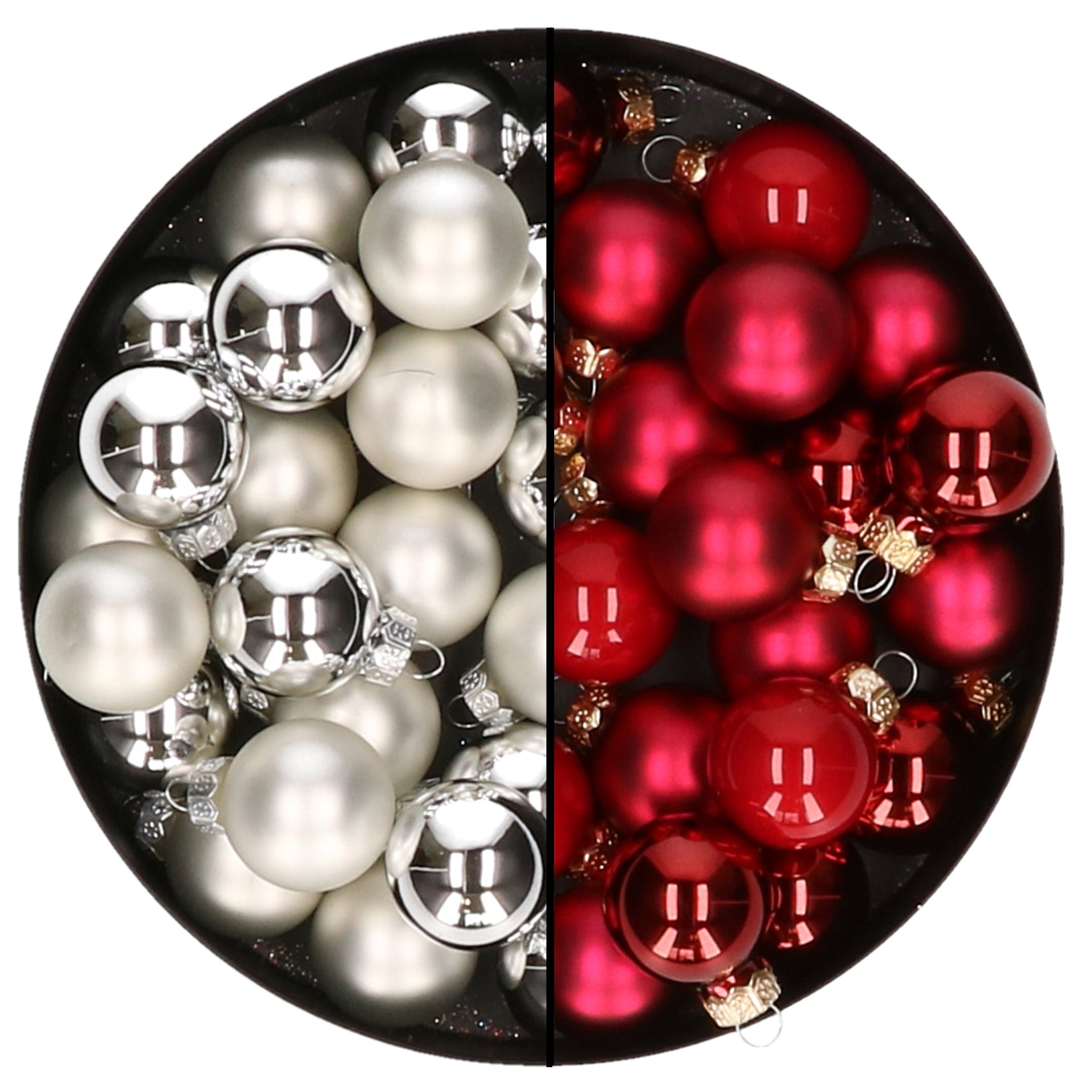 Mini kerstballen 48x st zilver en rood 2,5 cm glas
