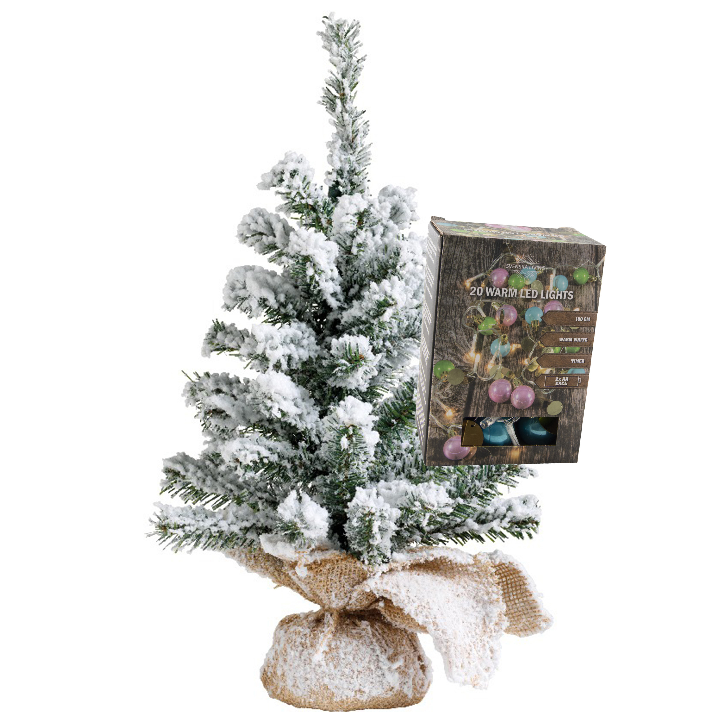 Mini kerstboom besneeuwd met gekleurde kerstballen verlichting H45 cm