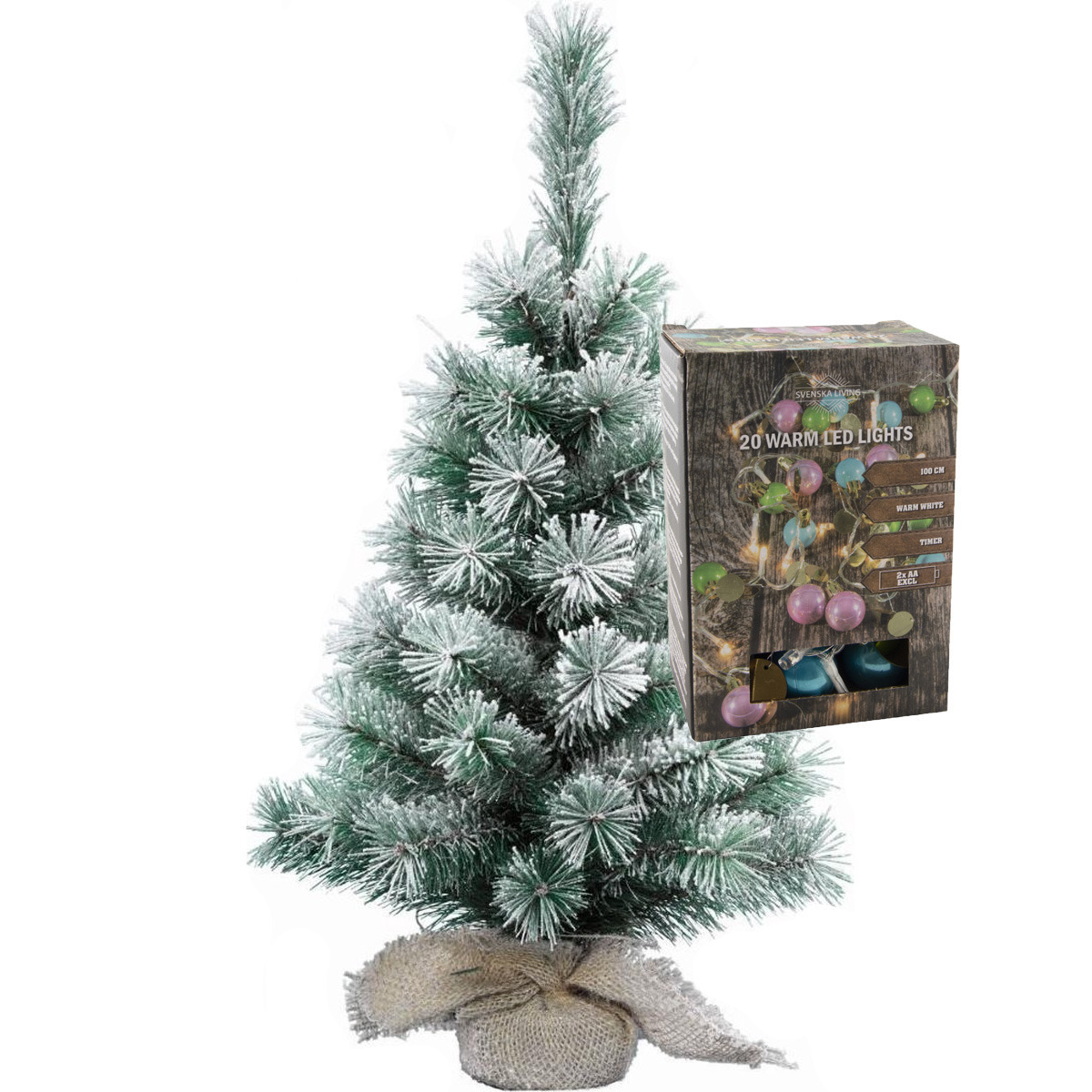 Mini kerstboom besneeuwd met gekleurde kerstballen verlichting H60 cm
