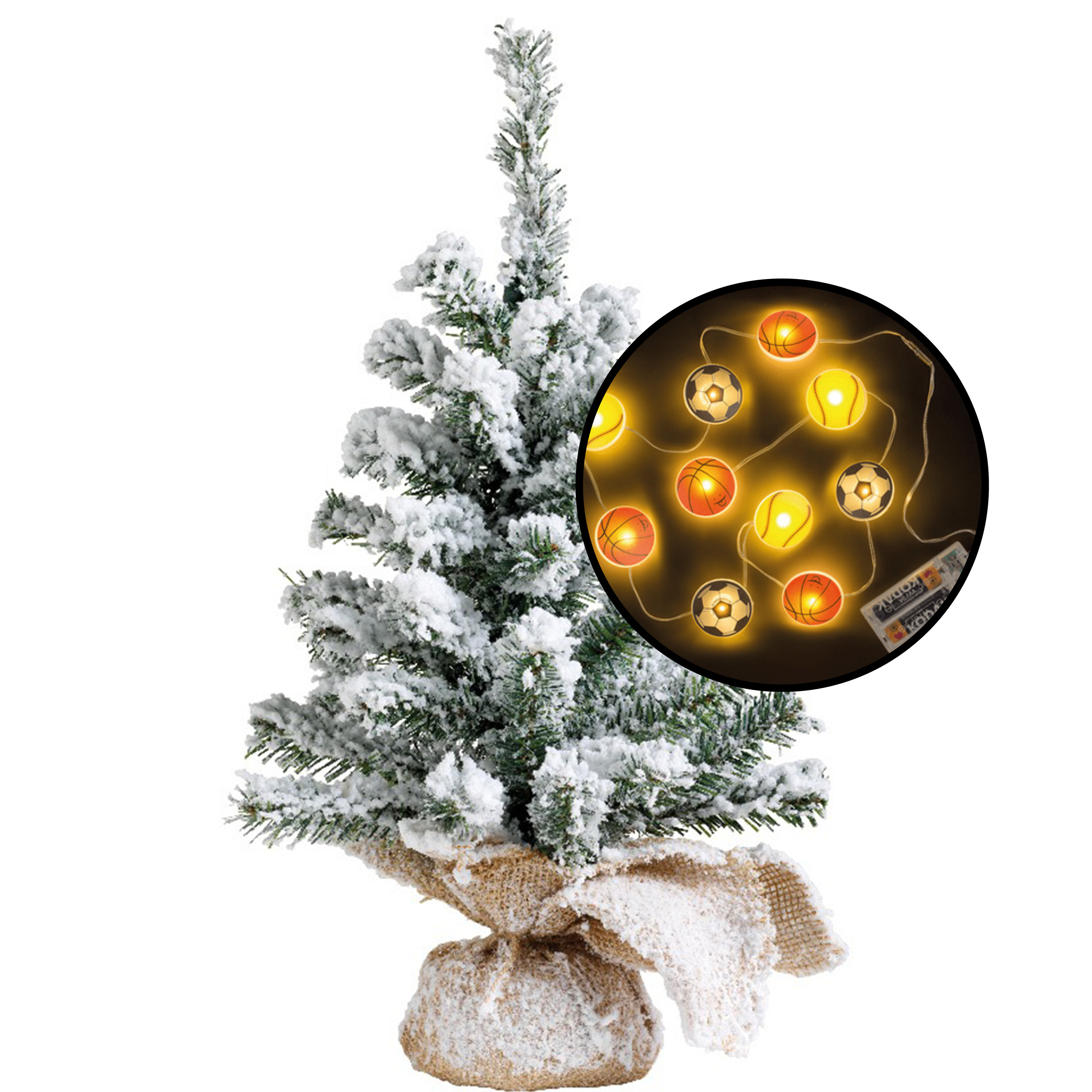 Mini kerstboom besneeuwd met sport thema verlichting H45 cm
