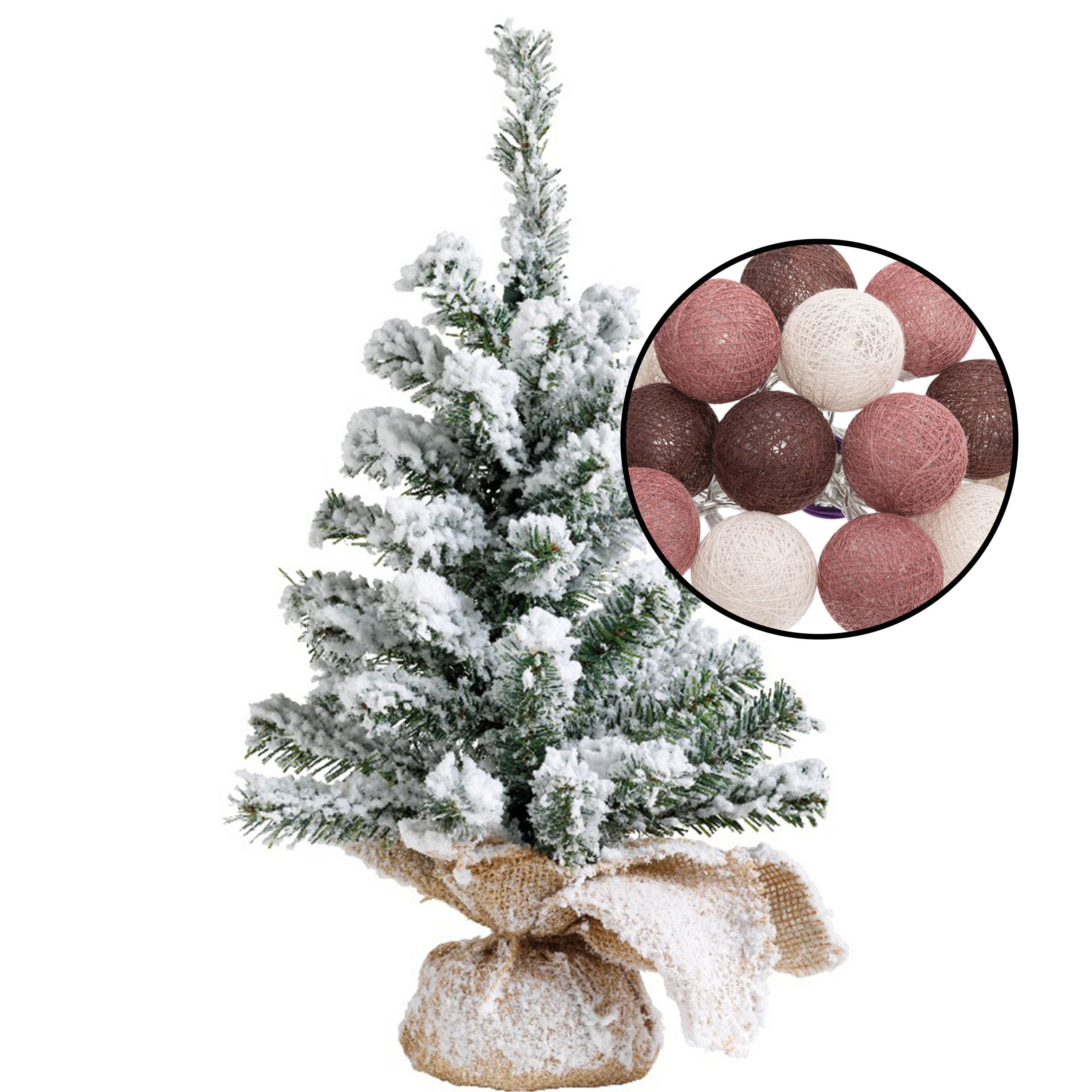Mini kerstboom besneeuwd met verlichting in jute zak H45 cm kleur mix rood
