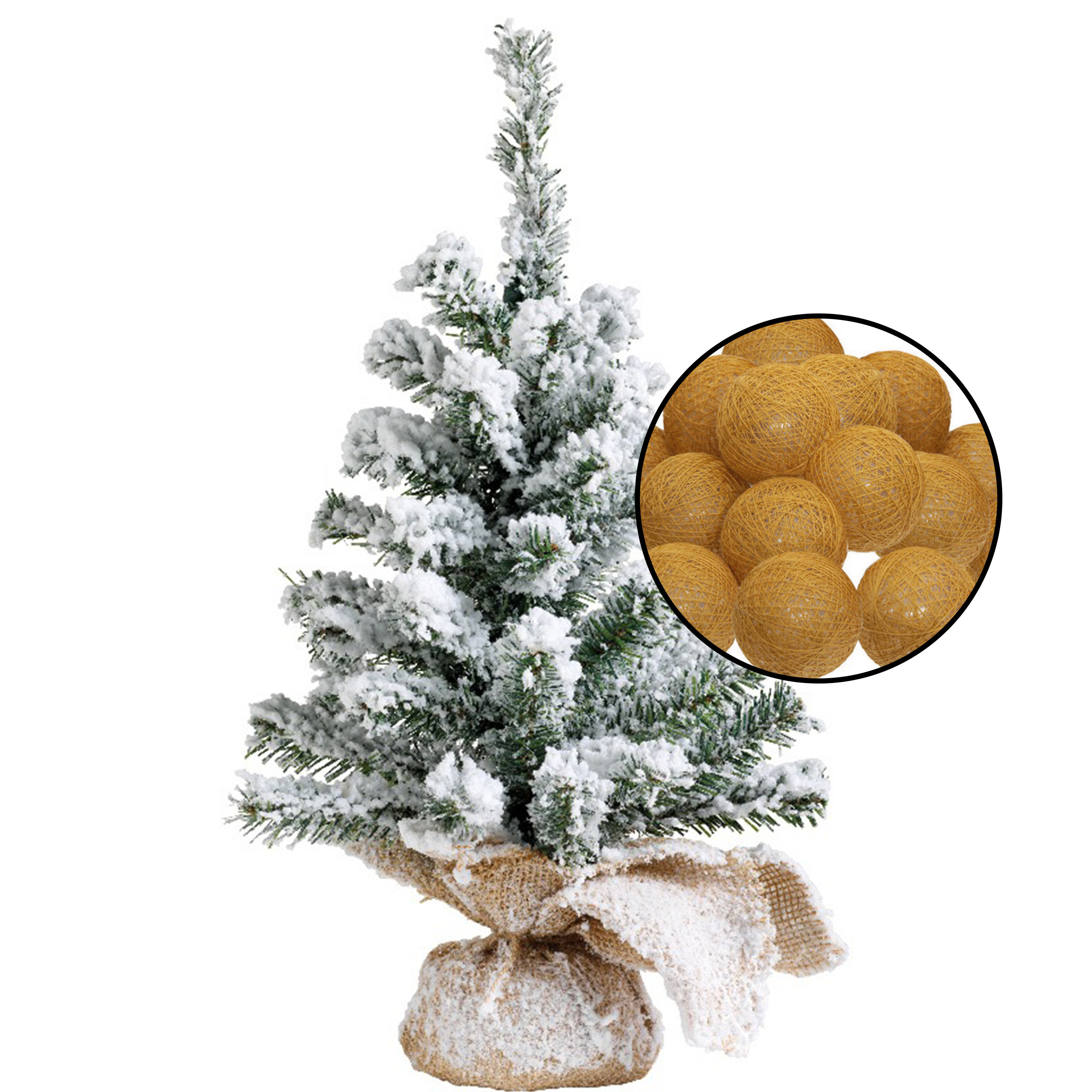 Mini kerstboom besneeuwd met verlichting in jute zak H45 cm okergeel