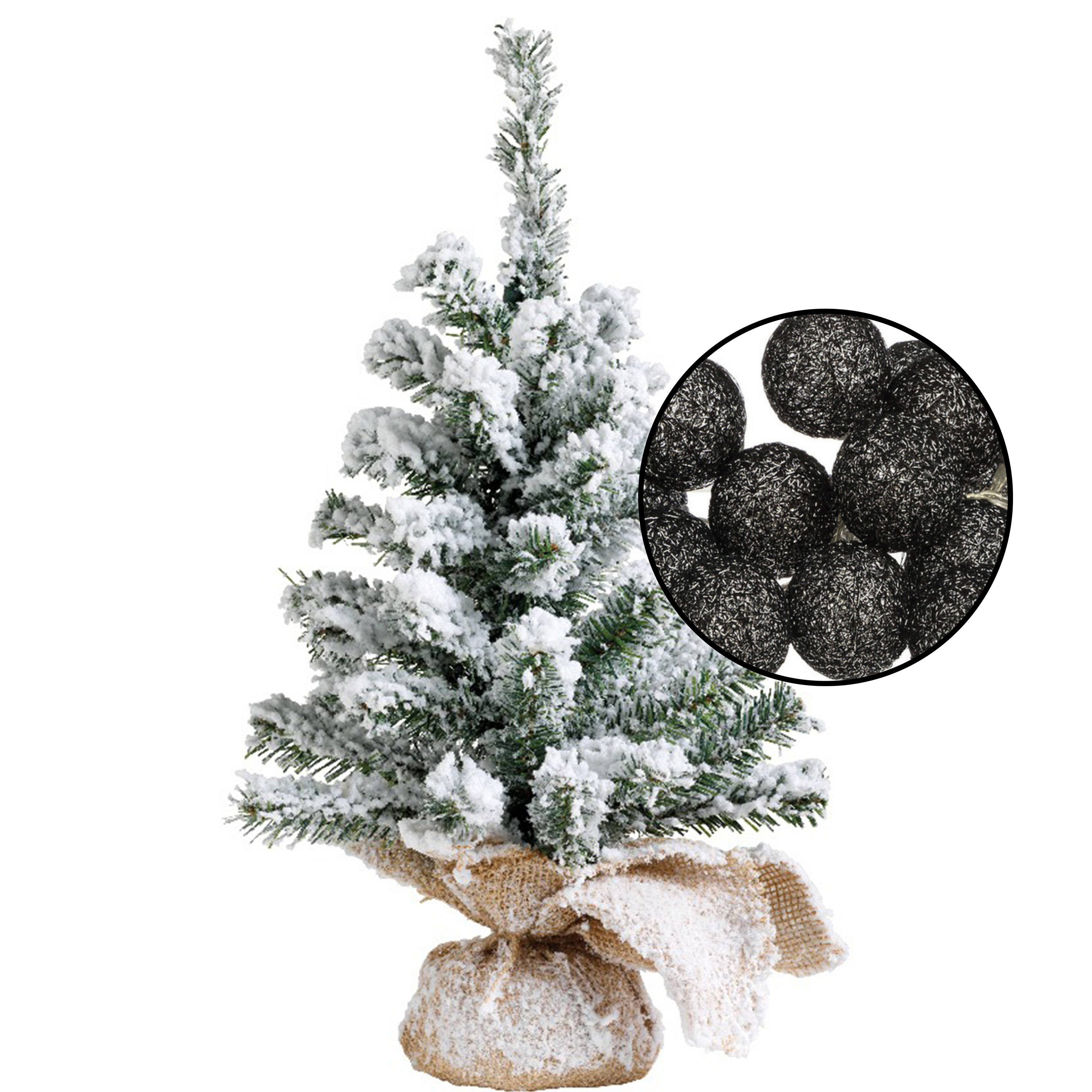 Mini kerstboom besneeuwd met verlichting in jute zak H45 cm zwart