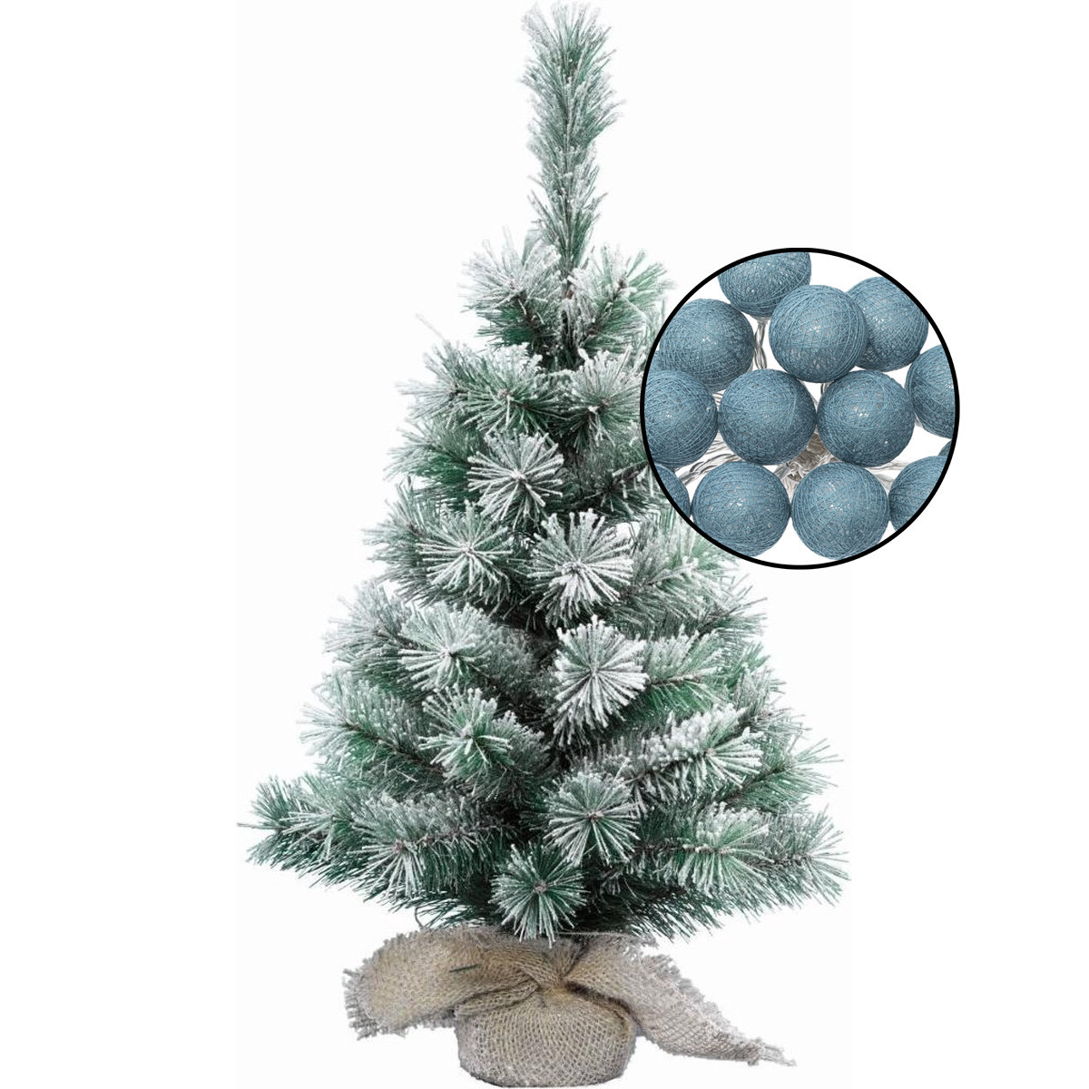 Mini kerstboom besneeuwd met verlichting in jute zak H60 cm blauw