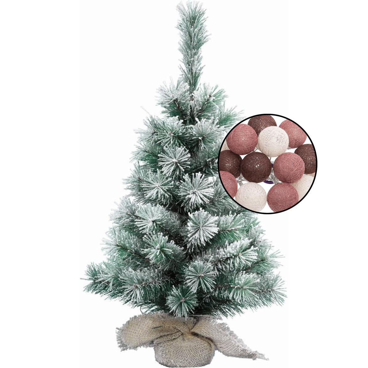 Mini kerstboom besneeuwd met verlichting in jute zak H60 cm kleur mix rood