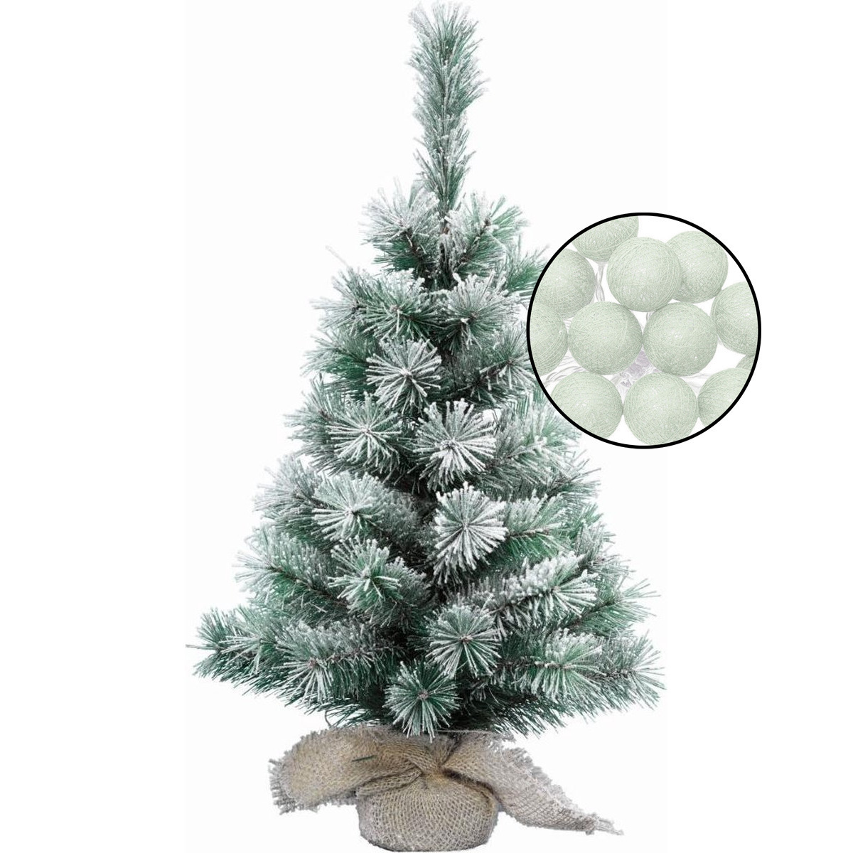 Mini kerstboom besneeuwd met verlichting in jute zak H60 cm lichtgroen