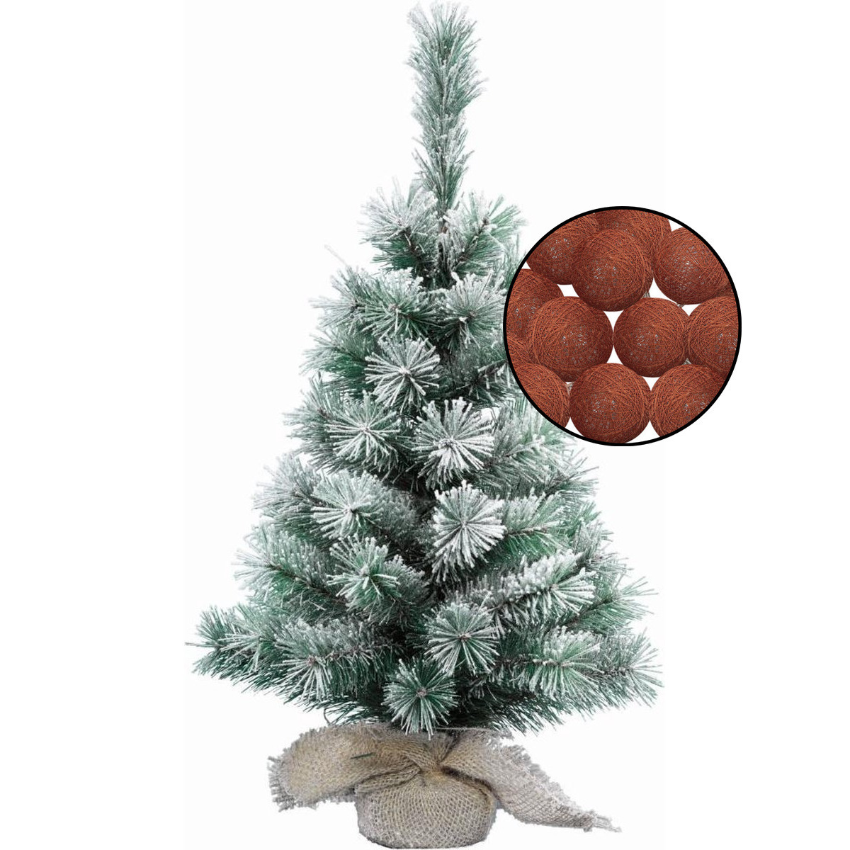 Mini kerstboom besneeuwd met verlichting in jute zak H60 cm terracotta