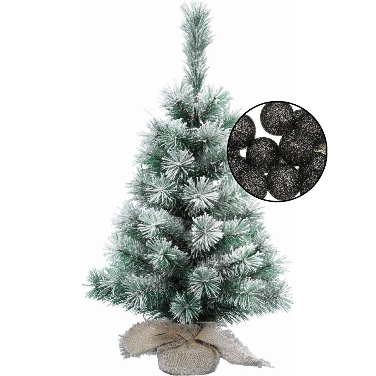 Mini kerstboom besneeuwd met verlichting in jute zak H60 cm zwart