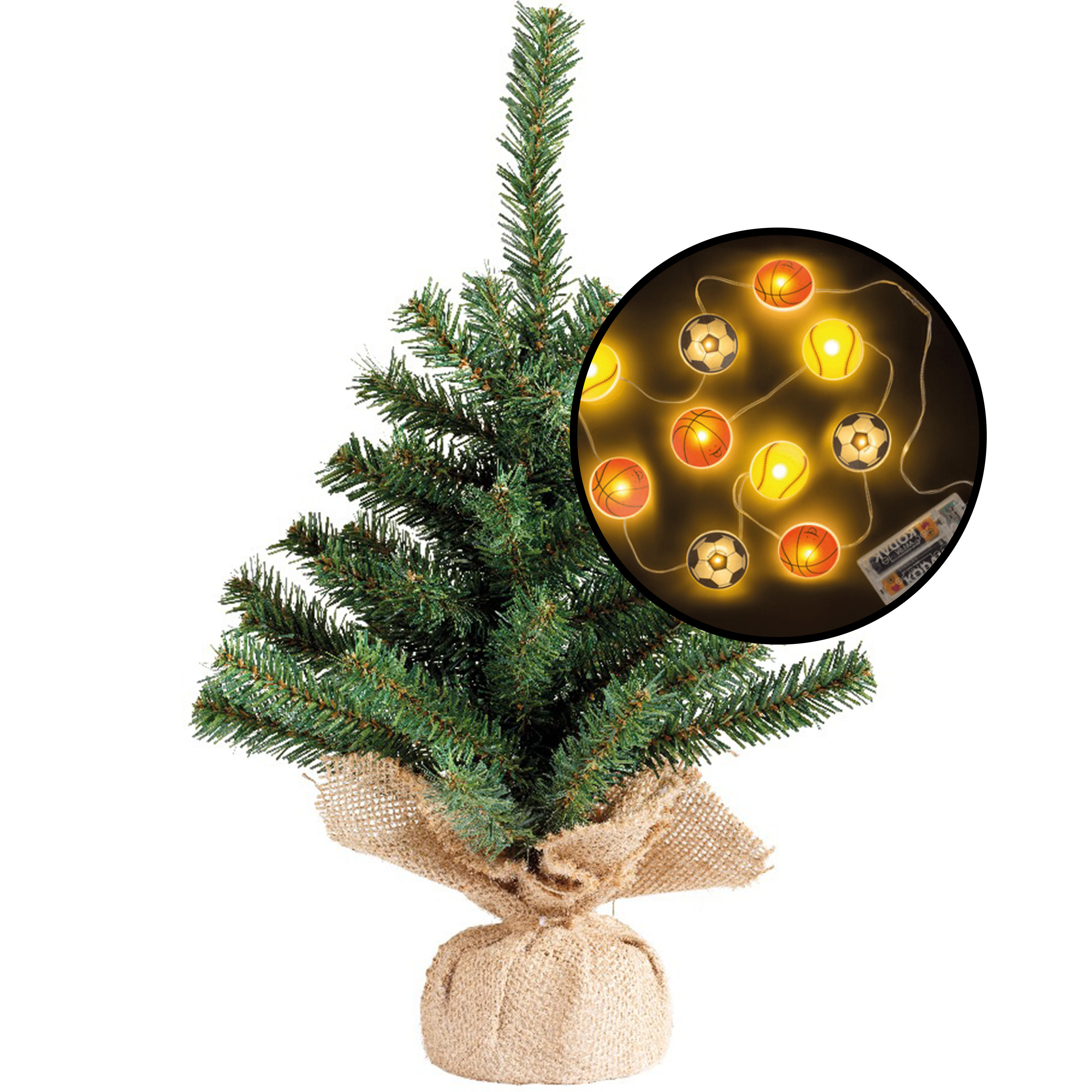 Mini kerstboom groen met sport thema verlichting H45 cm