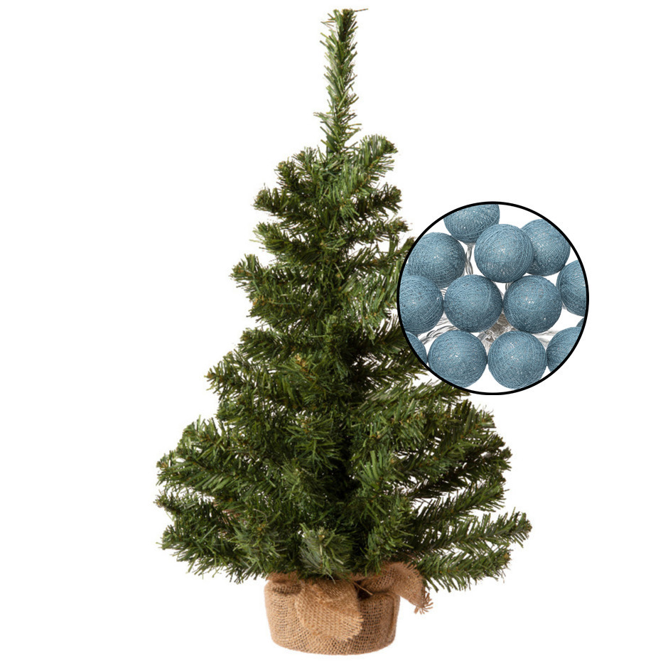 Mini kerstboom groen met verlichting in jute zak H60 cm blauw