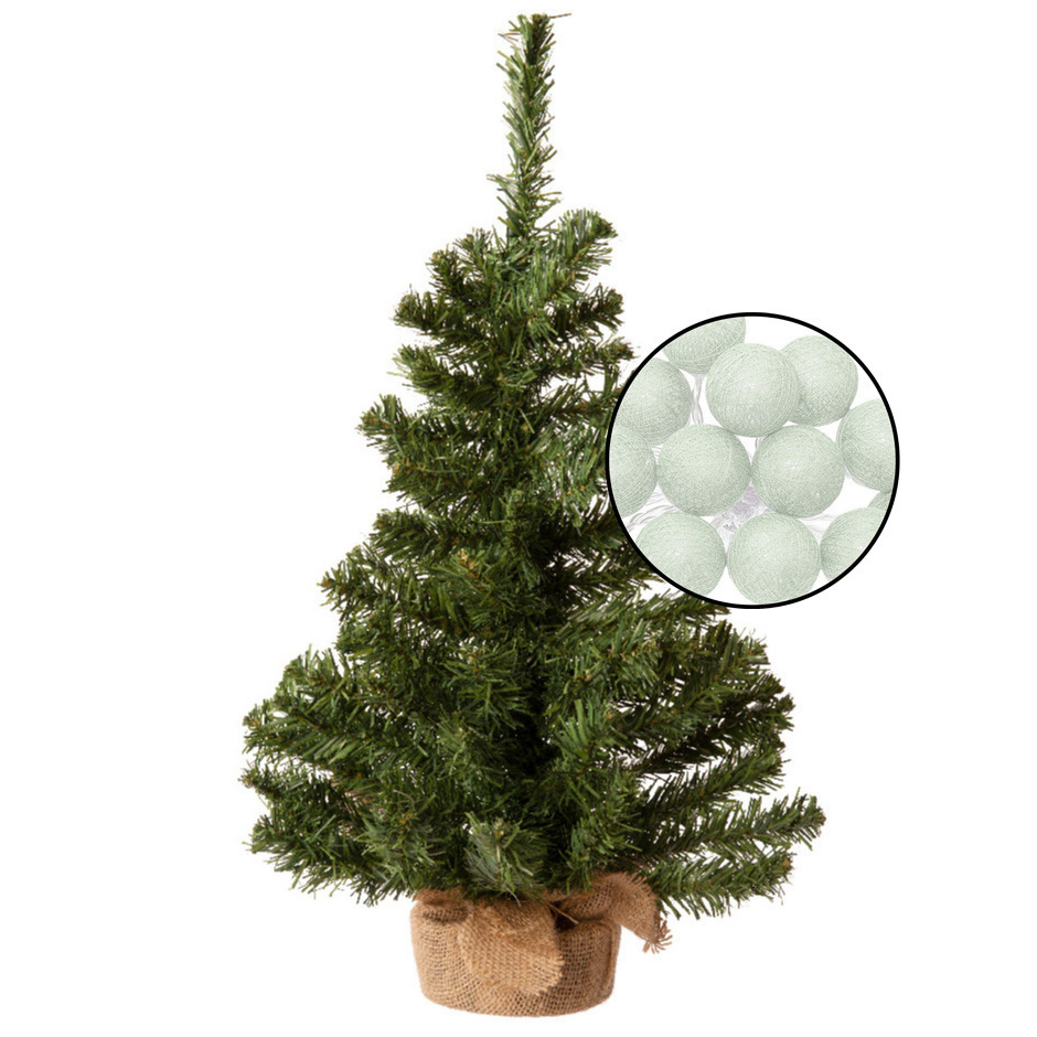Mini kerstboom groen met verlichting in jute zak H60 cm lichtgroen