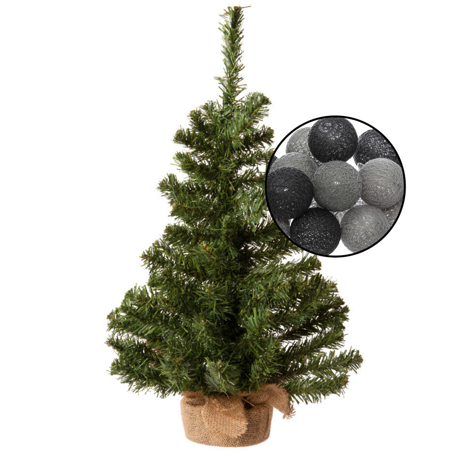Mini kerstboom groen met verlichting in jute zak H60 cm zwart-grijs