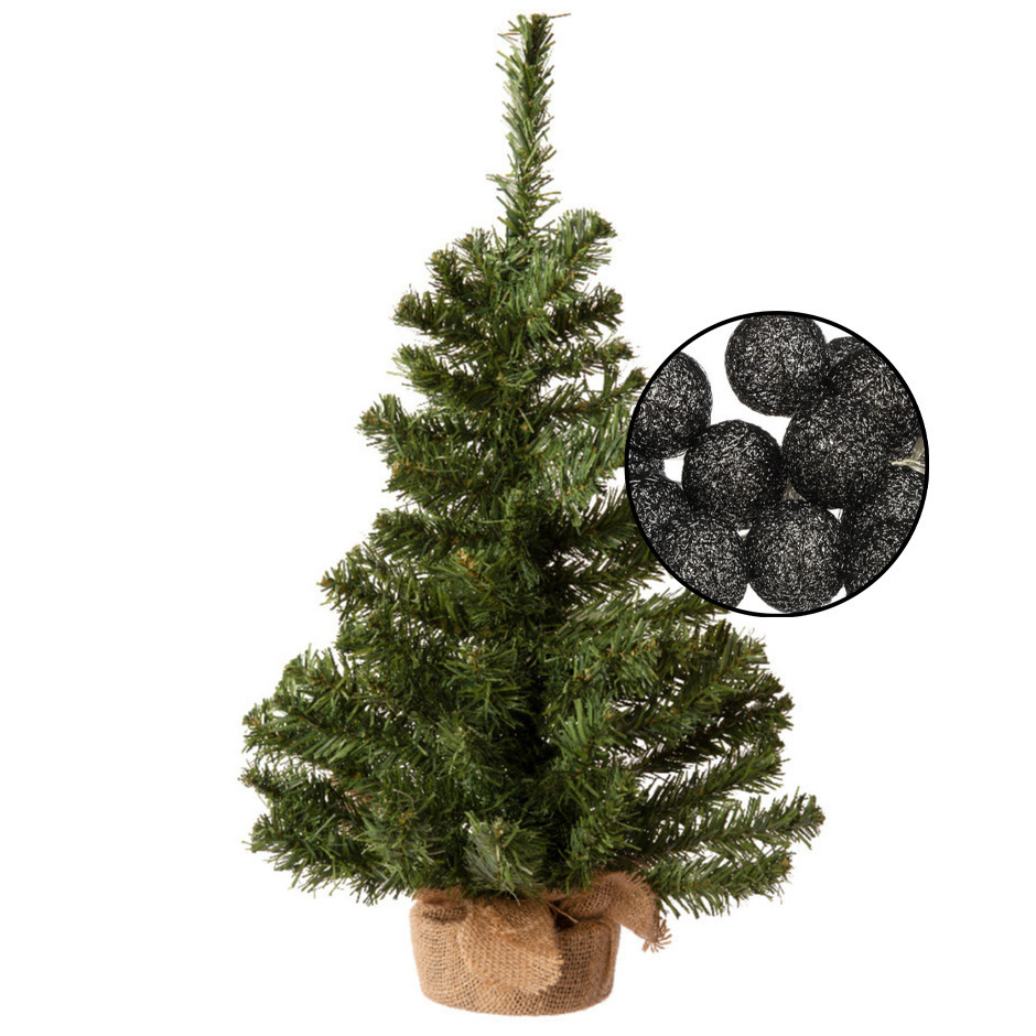 Mini kerstboom groen met verlichting in jute zak H60 cm zwart