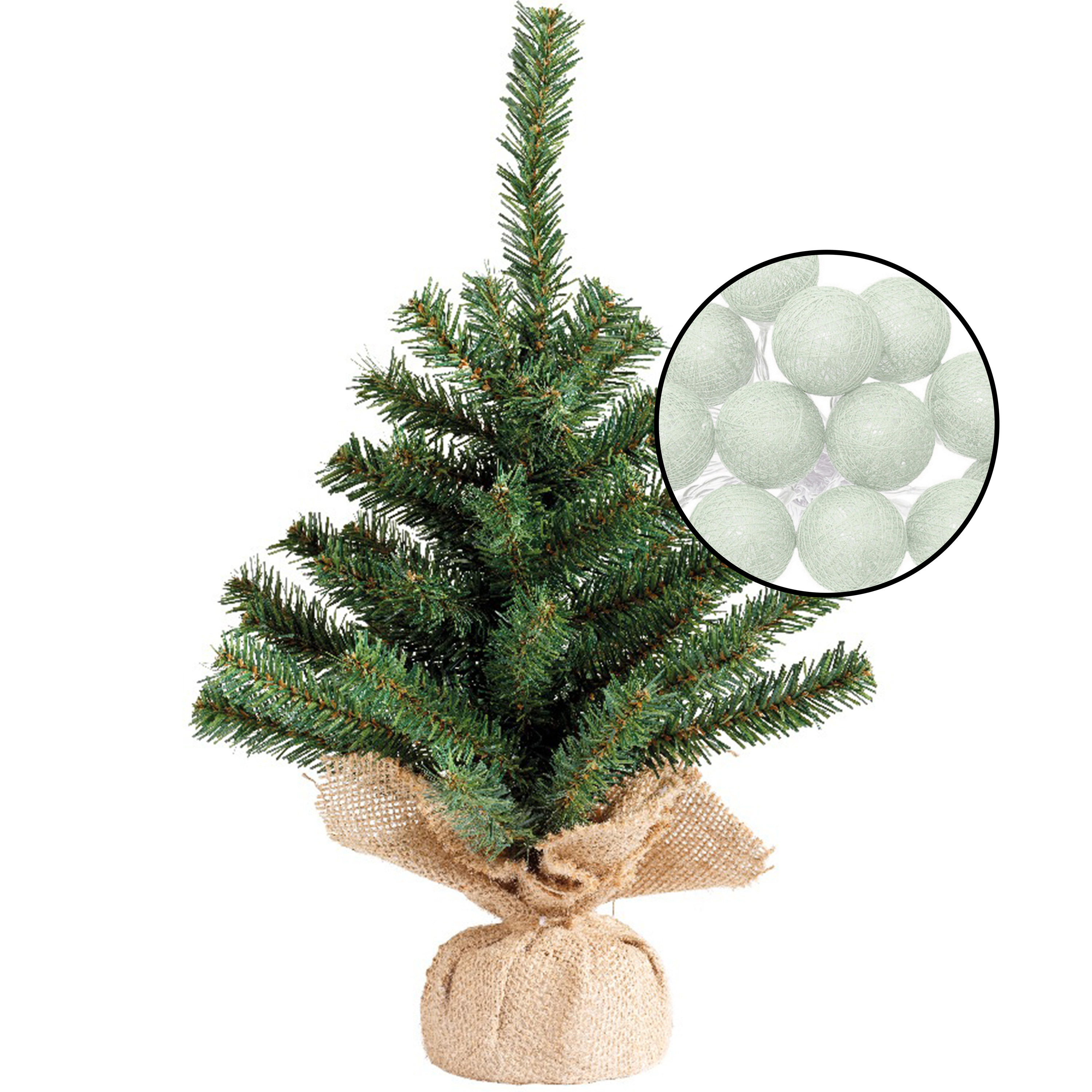 Mini kunst kerstboom groen met verlichting in jute zak H45 cm lichtgroen
