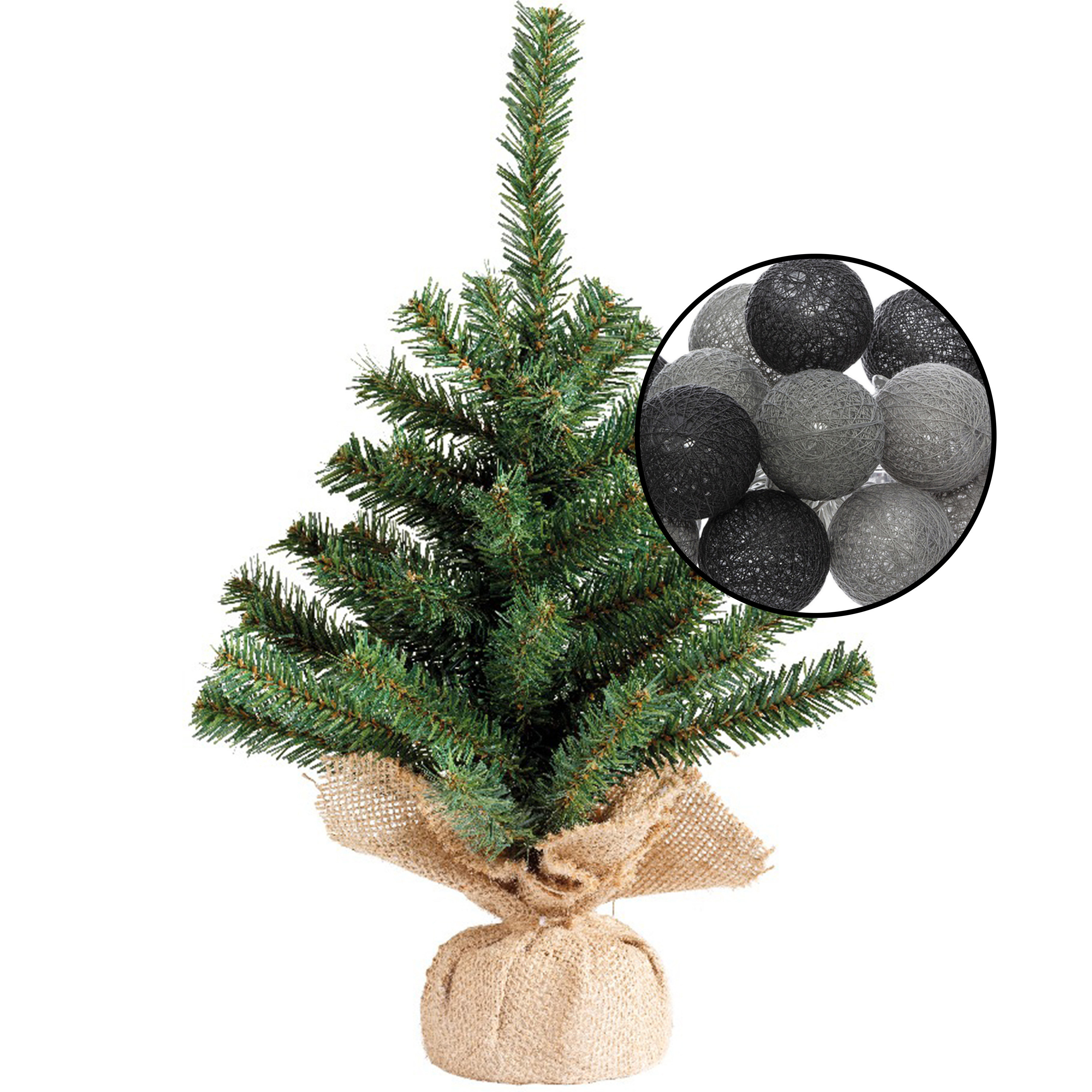 Mini kunst kerstboom groen met verlichting in jute zak H45 cm zwart-grijs