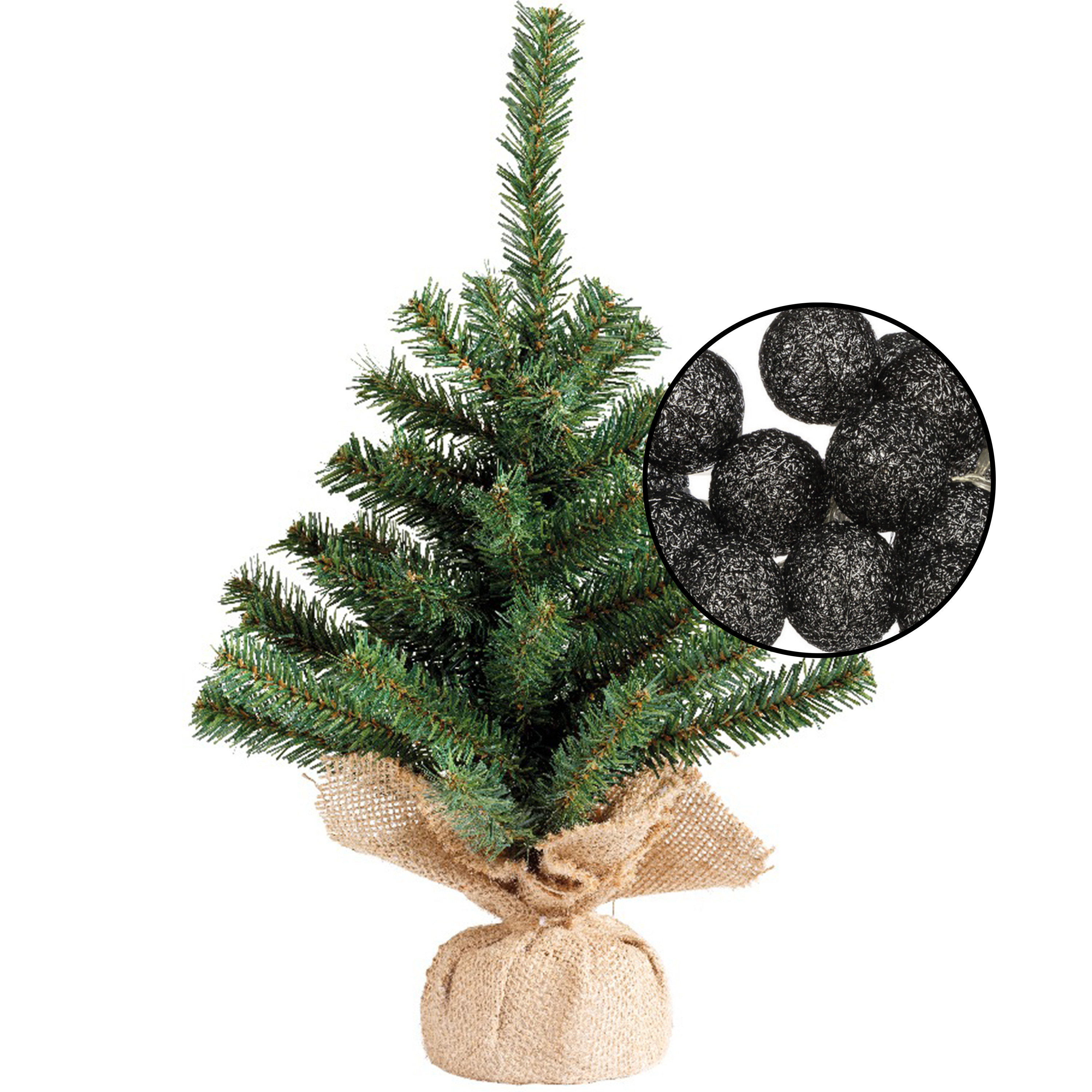 Mini kunst kerstboom groen met verlichting in jute zak H45 cm zwart