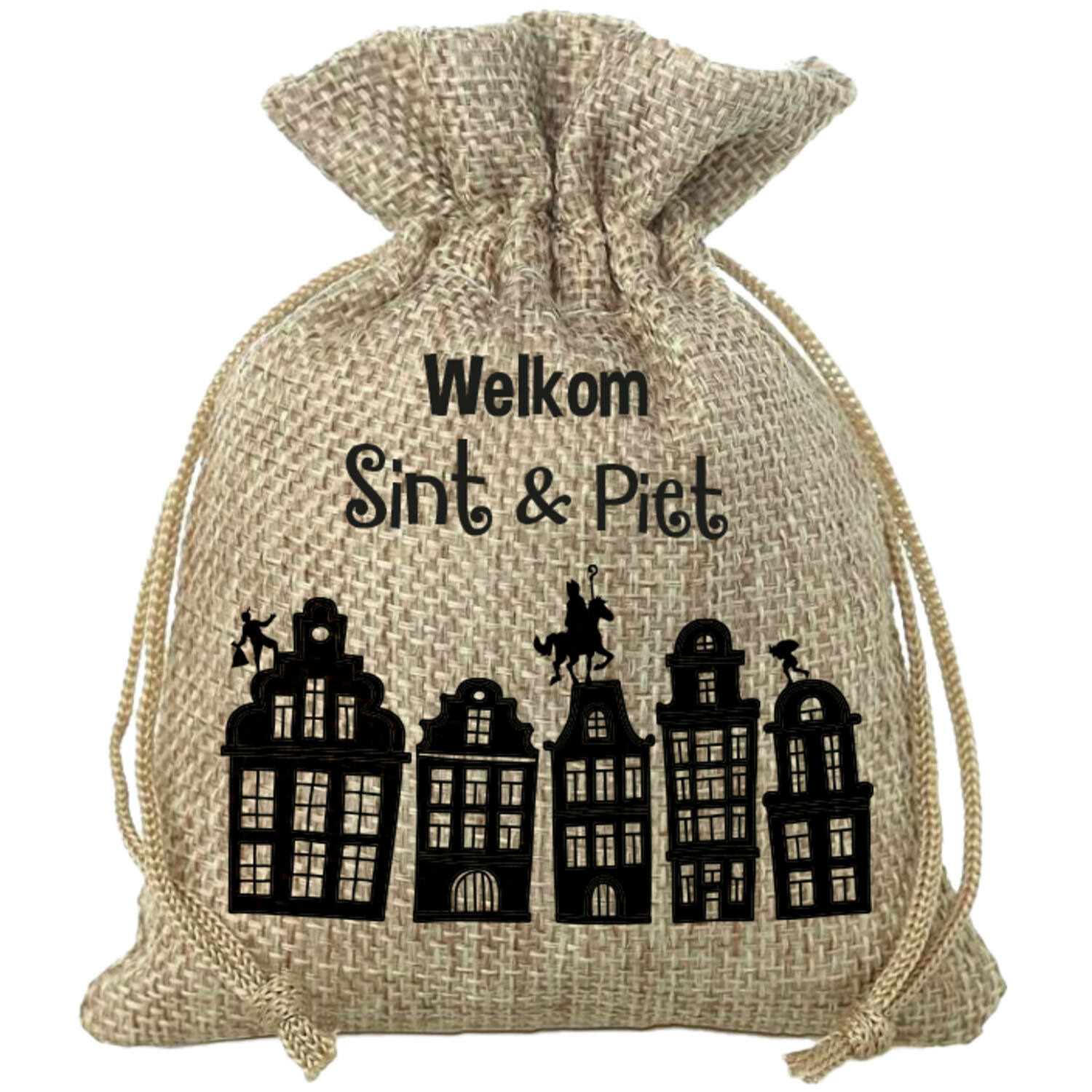 Mini Sinterklaas jute cadeau zak Welkom Sint en Piet print met koord 18 x 25 cm