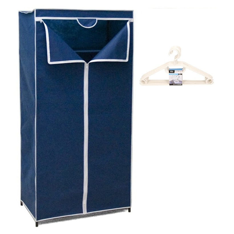 Mobiele opvouwbare kledingkast blauw 75 x 46 x 160 cm incl. 10 witte kledinghangers