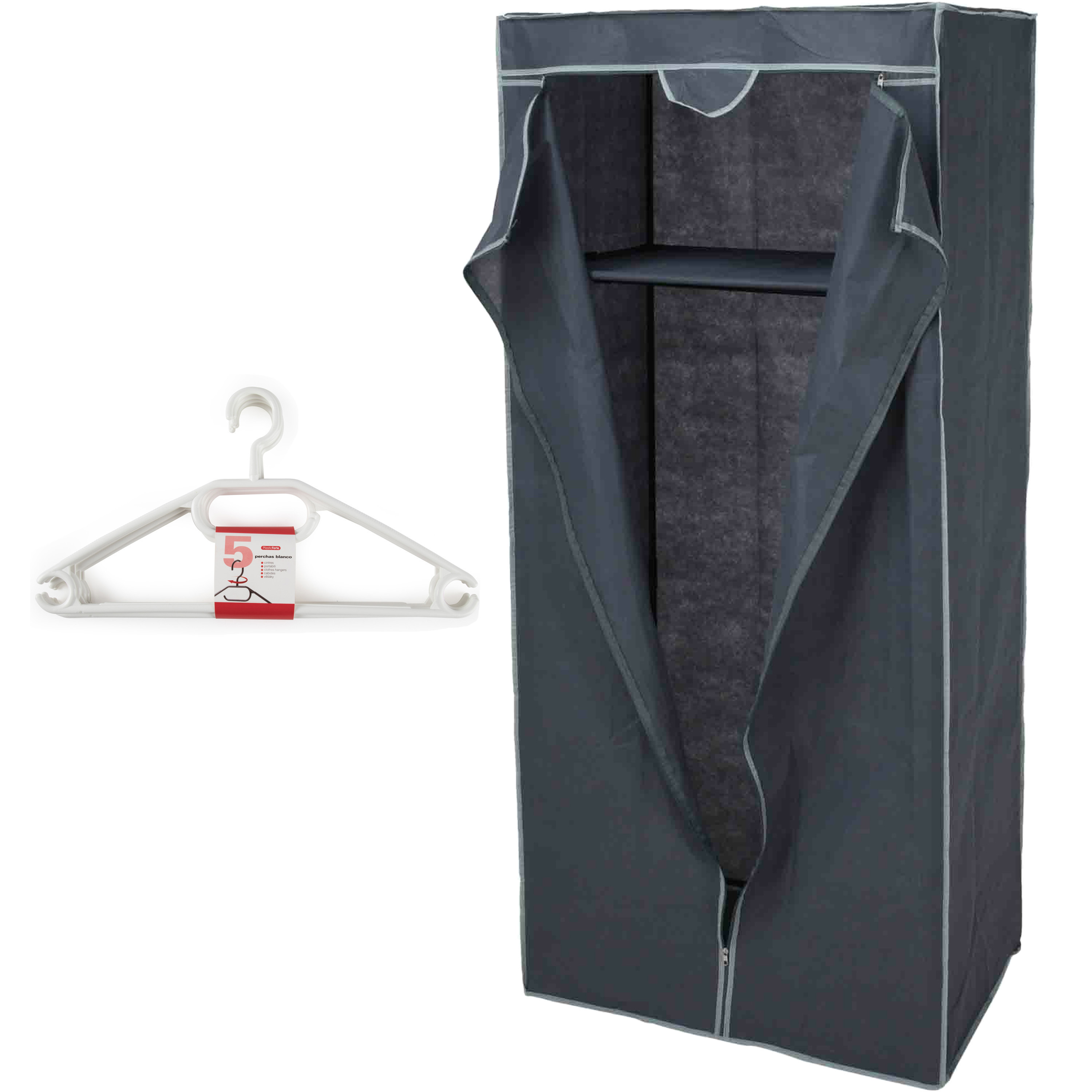 Mobiele opvouwbare kledingkast grijs 75 x 160 cm met 10x kledinghangers wit