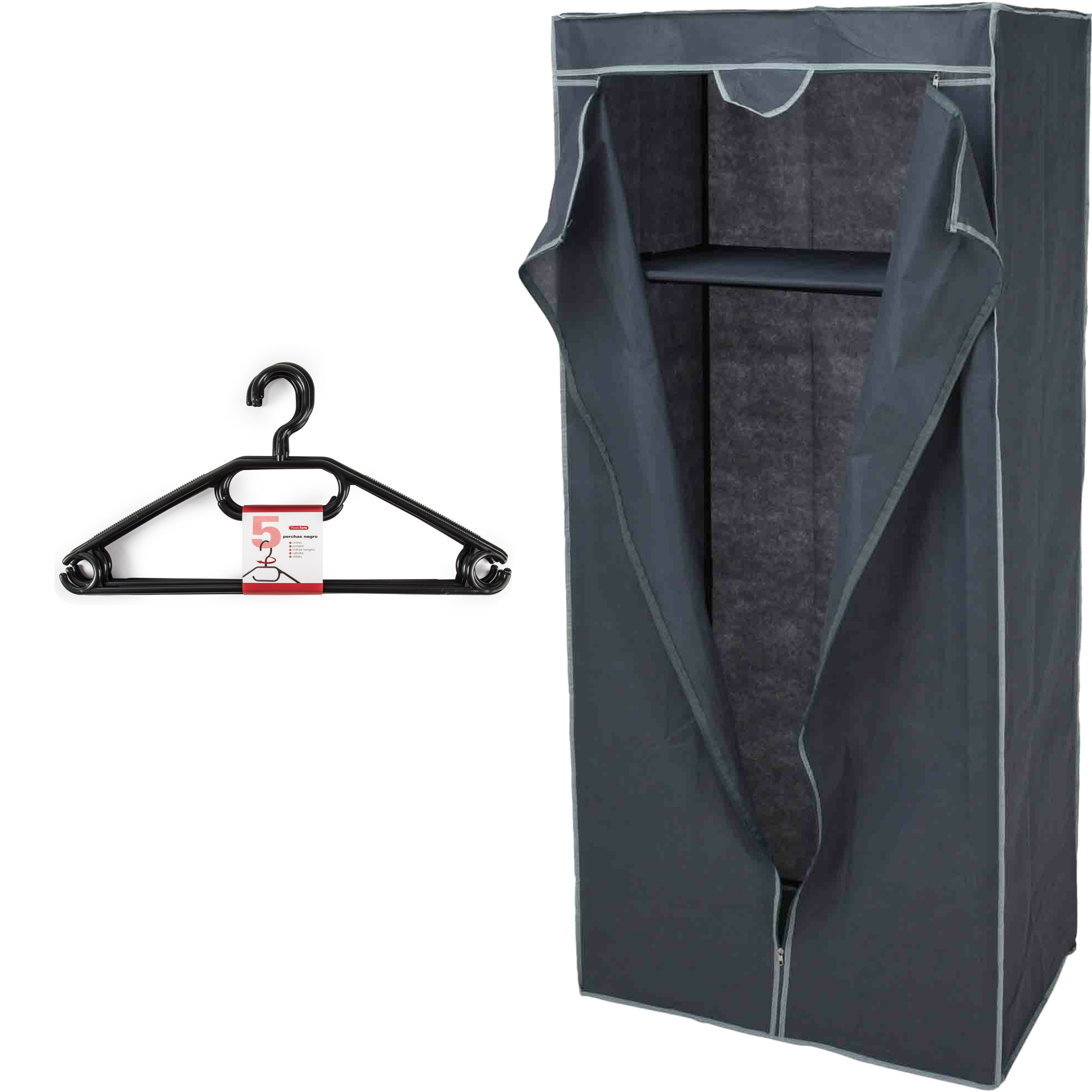 Mobiele opvouwbare kledingkast grijs 75 x 160 cm met 10x kledinghangers zwart
