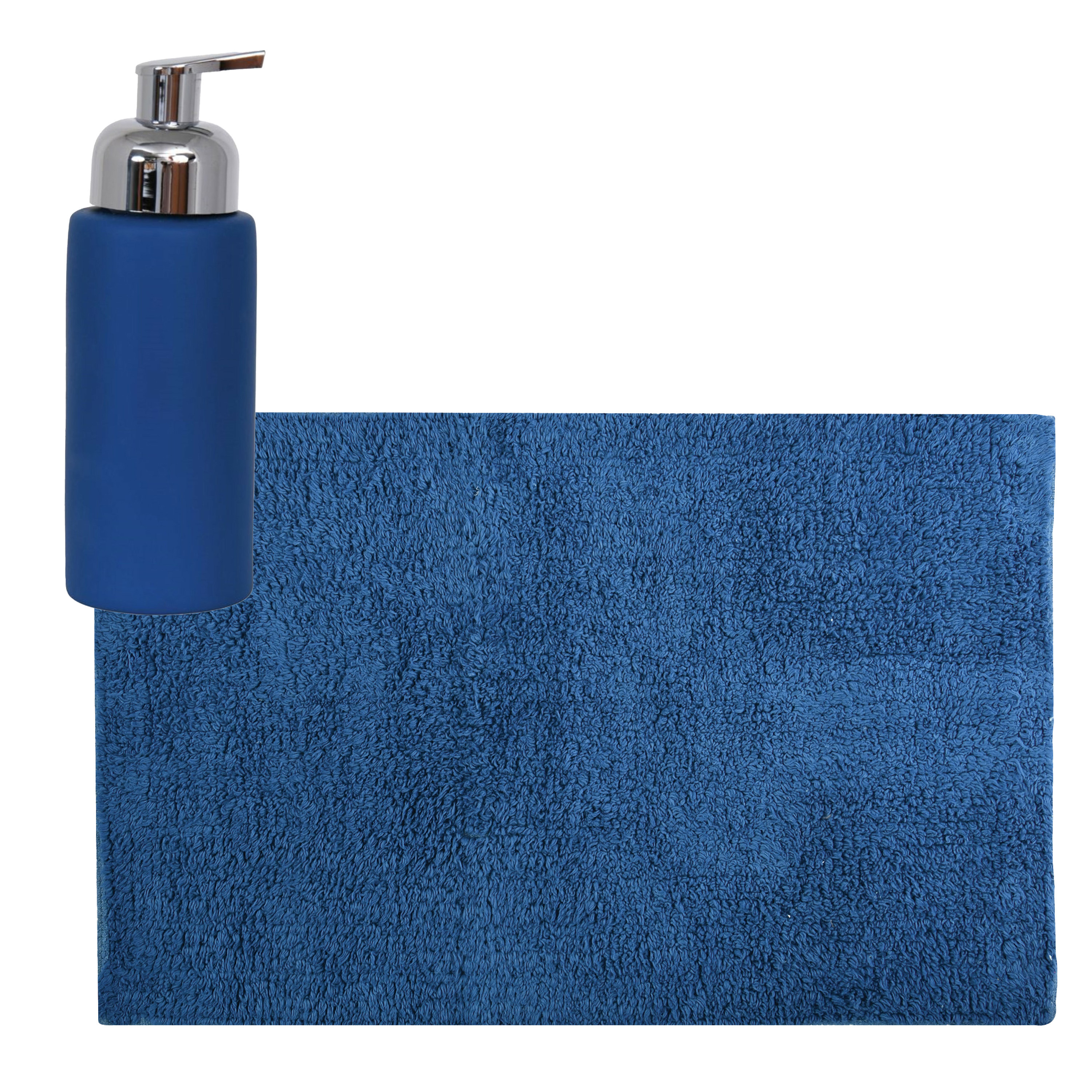 MSV badkamer droogloop mat-tapijt 40 x 60 cm met zelfde kleur zeeppompje 250 ml donkerblauw